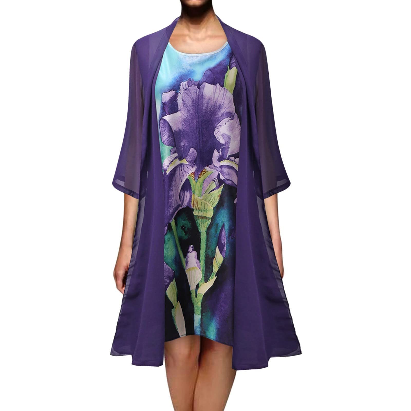 Jsarle Women's Floral Midi Two Piece Dress Set - Plus Size Summer Tank Dress with Chiffon Cardigan & Half Sleeves | Beach Vacation, Date Night, Casual Outfit
