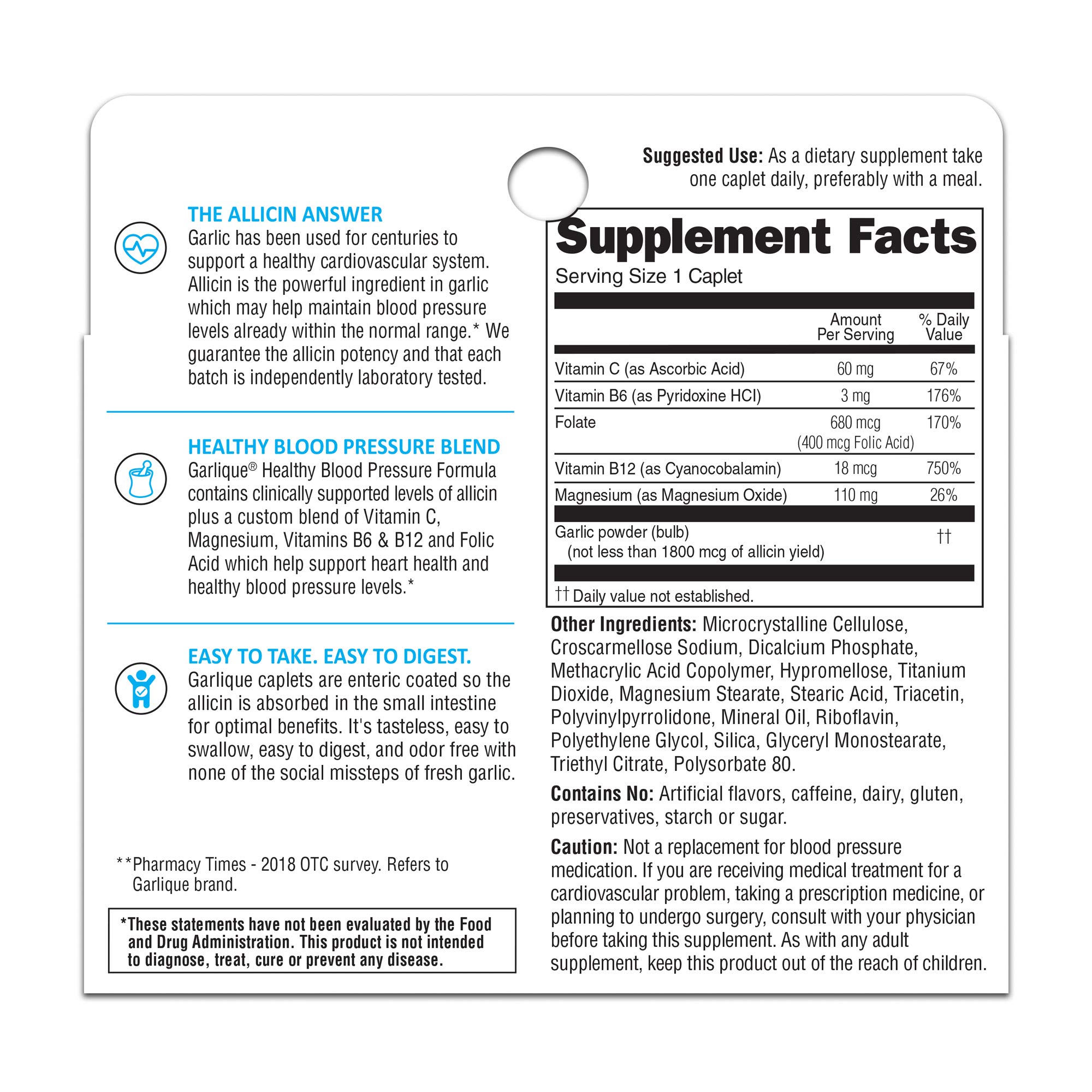 Garlique Garlic Extract Supplement - Odorless Vegan Capsules for Healthy Blood Pressure (60 Caplets) - Heart Health Support