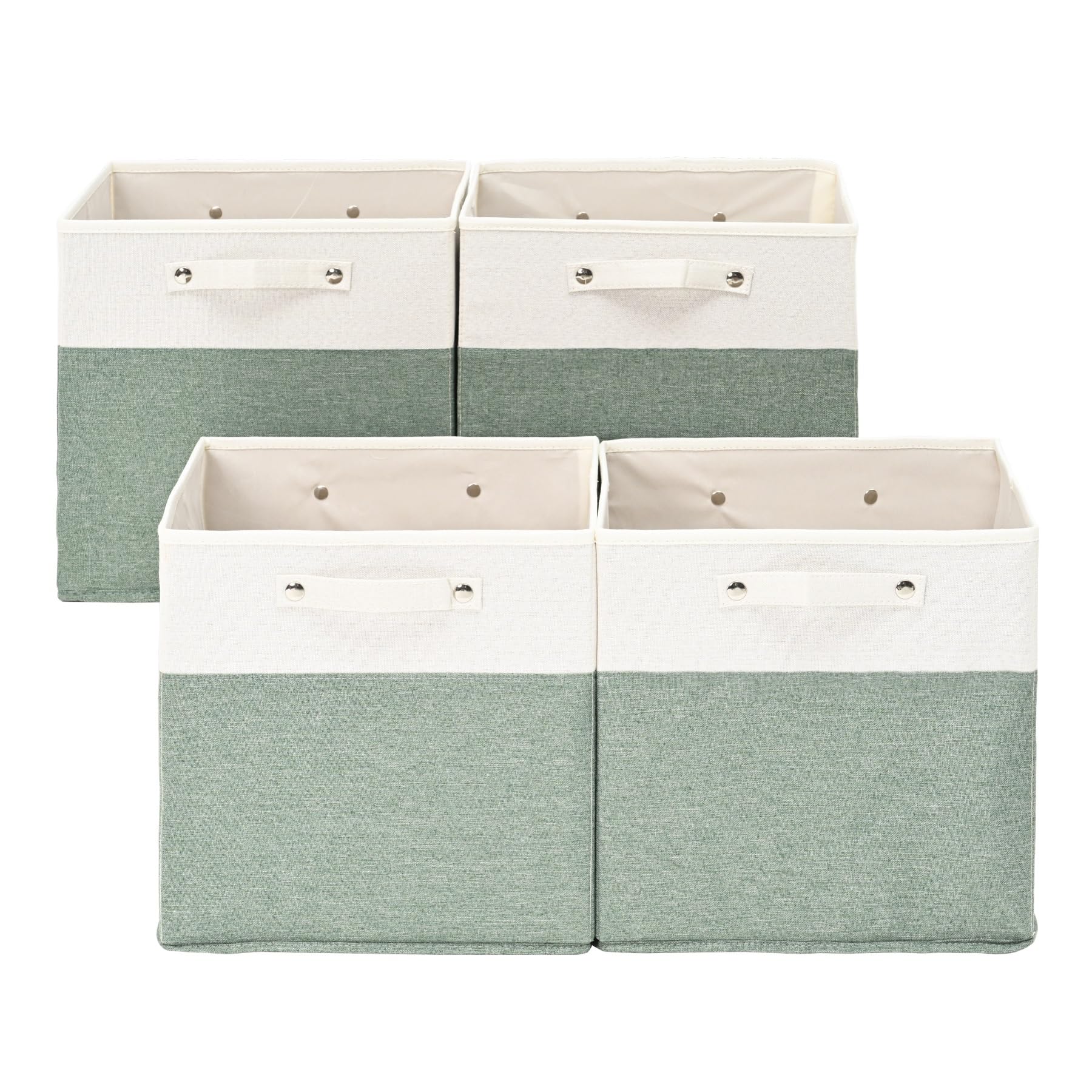 13 x 13 Inch Premium Linen Storage Bins with Handles - 4 Pack Fabric Cube Box Organizers | Collapsible Closet & Shelf Baskets for Home Organization (White/Green) | Perfect for Bedroom, Nursery & Office Storage Solutions