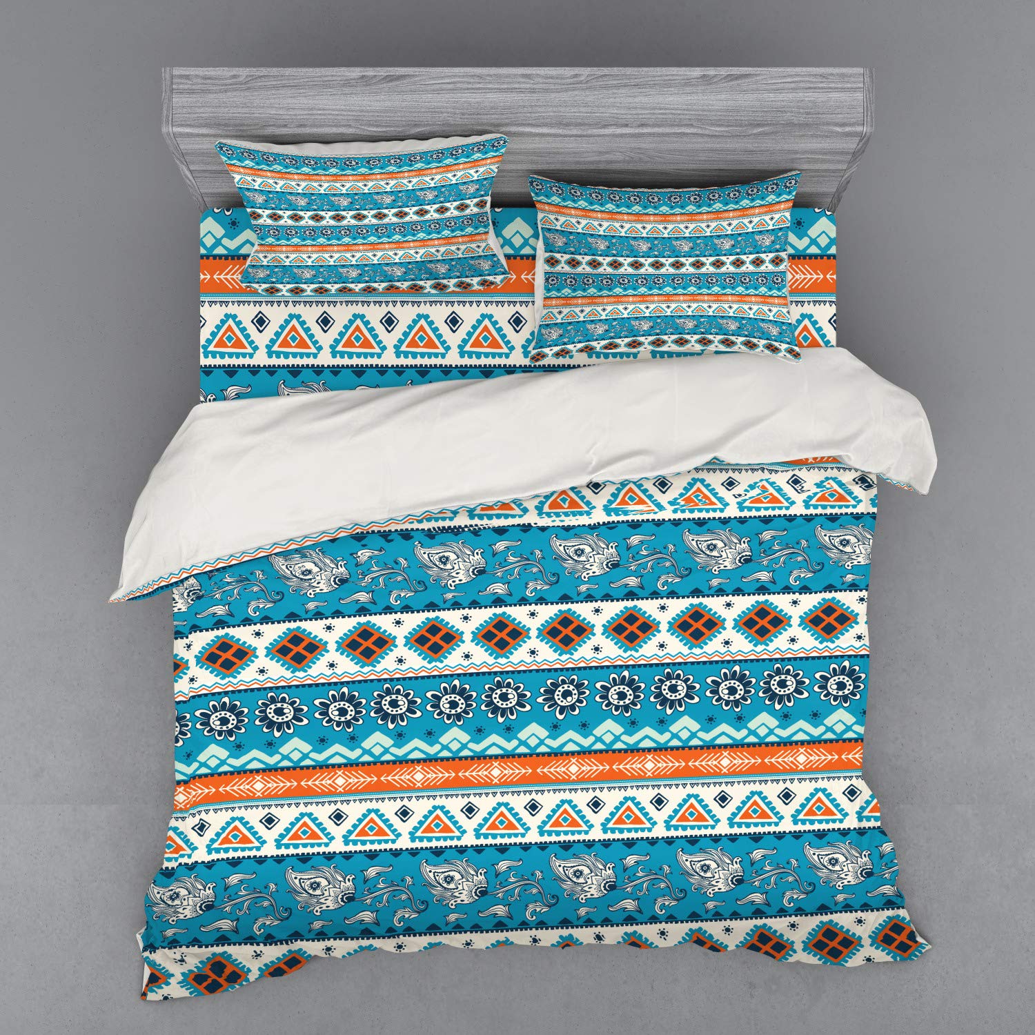 Ambesonne Tribal Duvet Cover Set - Bohemian Persian Tulips Floral Print 4-Piece Bedding Set with Shams & Fitted Sheet, King Size in Blue Orange White | Perfect for Spring Decor, Guest Room & Boho Chic Bedroom Makeover