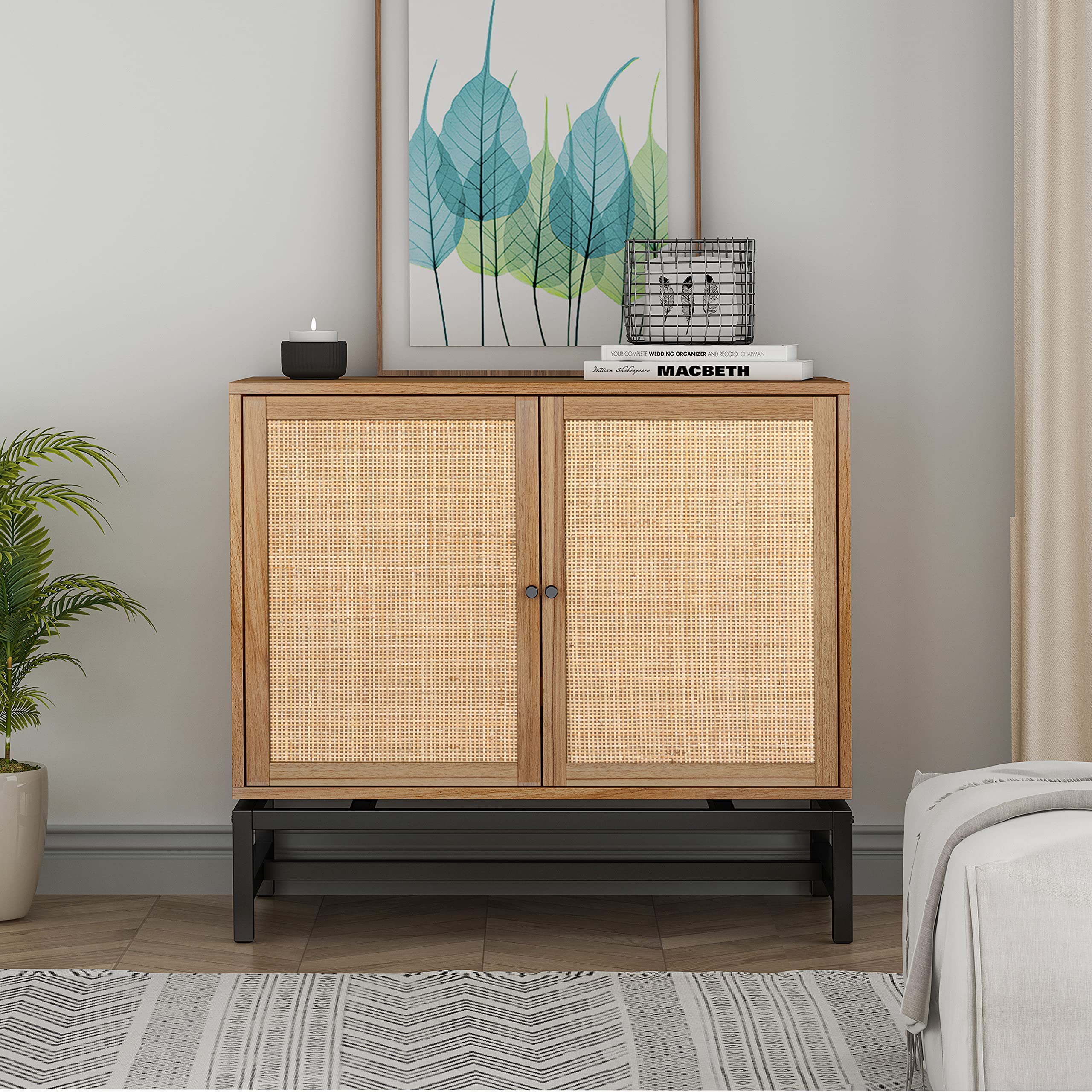 Modern Sideboard Buffet Cabinet with Natural Rattan & 2 Magnetic Doors - 2-Tier Storage Console Table with Metal Brackets for Living Room, Bedroom, Entryway - Perfect for Home Organization & Stylish Display (Rattan Low Leg Design)