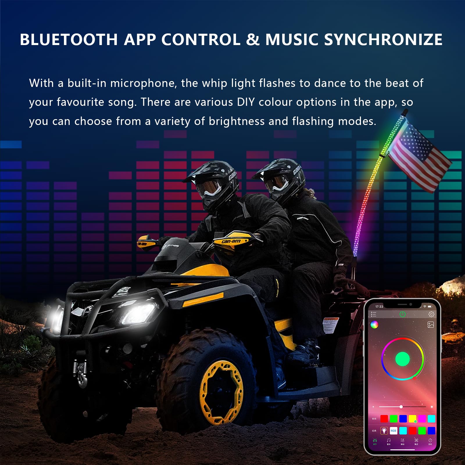 2-Piece 3FT LED Whip Lights with Spring Base - RGB Spiral Chase Lights with App & Remote Control for ATV, UTV, RZR, Truck, SXS - DIY Music Sync Lighting for Off-Road Adventures & Night Rides