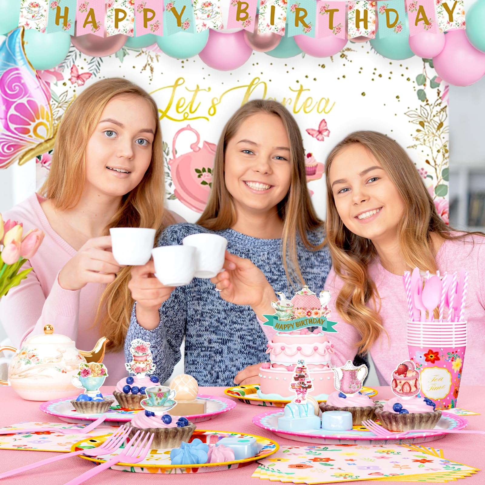 Elegant Tea Party Decorations Set - Teapot Floral Backdrop, Balloon Banner, Tablecloth, Plates, Napkins, Cups, Straws, Cutlery (Forks, Knives, Spoons) - Perfect for Birthday, Baby Shower & Bridal Tea Party Decor