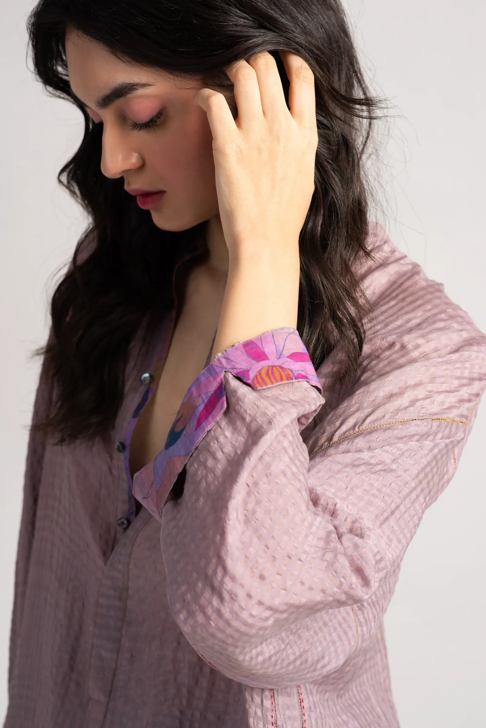 Firoza Kurta Silk Check Dusty Mauve - Elegant Women's Silk Tunic Top for Casual Wear, Parties & Festivals