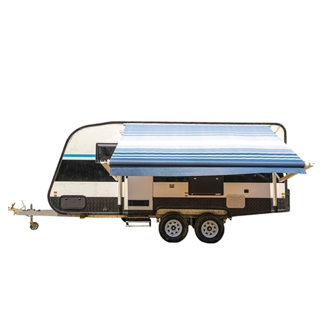 10 x 8 Feet Aleko Motorized Retractable RV Awning - Blue Striped Canopy for Camping & Outdoor Shade | Perfect for RVs, Trailers & Patio Use