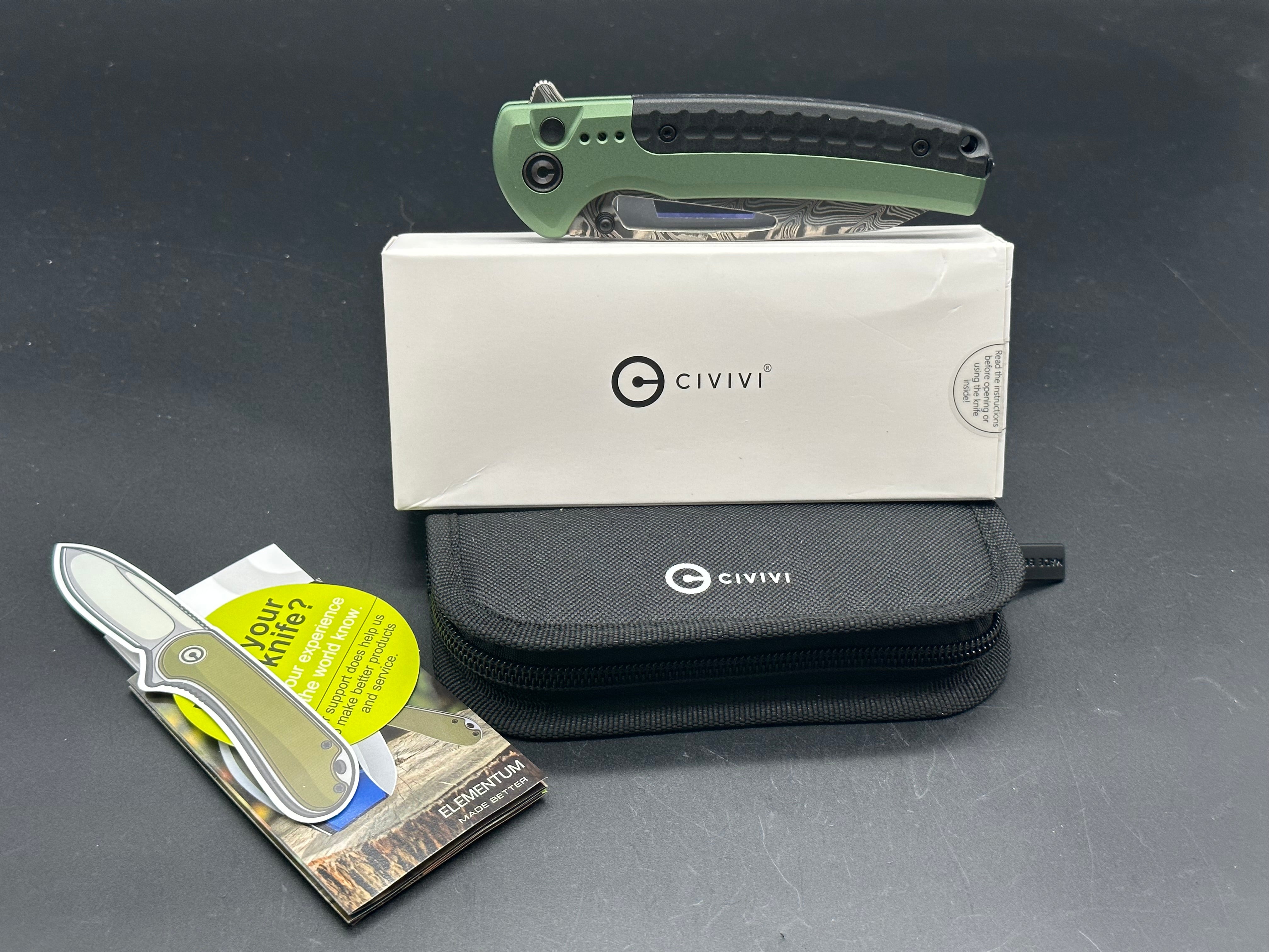 CIVIVI SENTINEL STRIKE Folding Knife - Green Aluminum Handle, Black Damascus Steel Blade, Reverse Tanto Design - Perfect for EDC, Outdoor Camping & Tactical Use