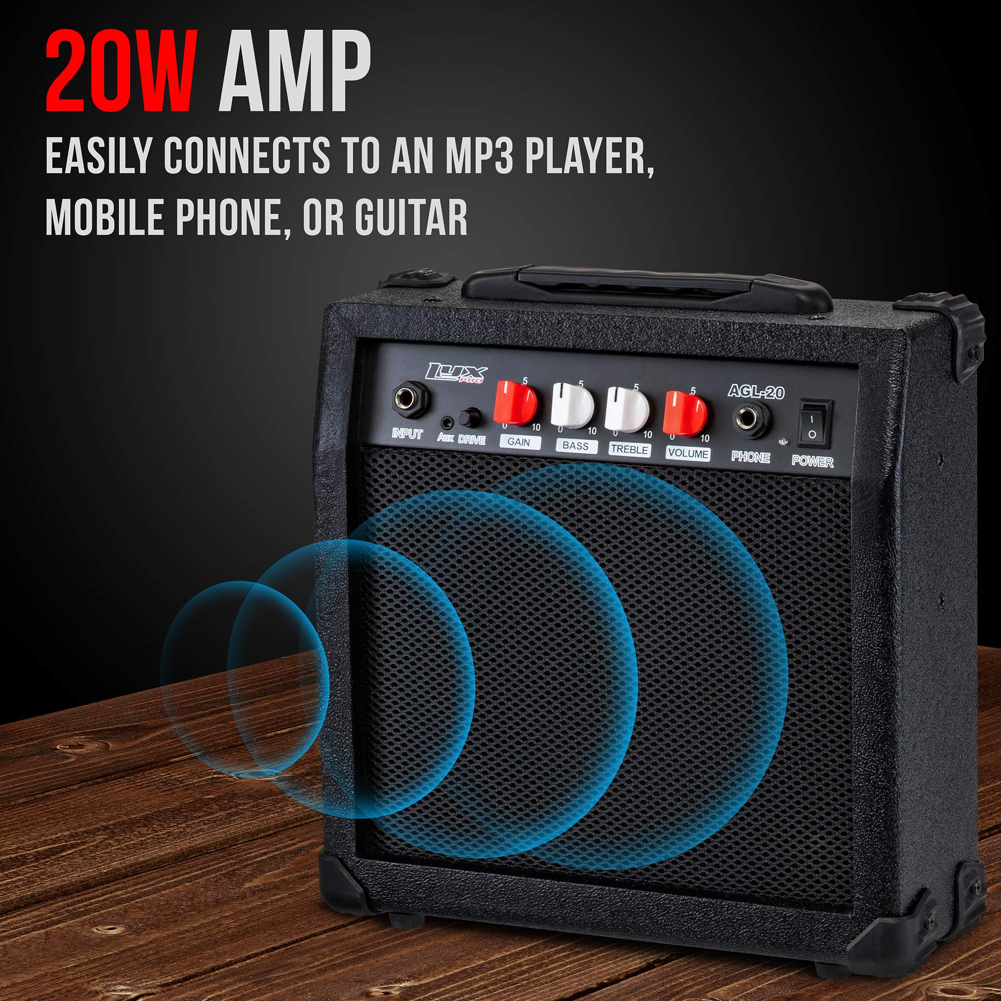 LyxPro 20W Electric Guitar Amplifier with Built-in Speaker, Headphone Jack & Aux Input - Gain, Bass, Treble, Volume Controls - Black - Perfect for Home Practice, Studio Recording & Live Performances