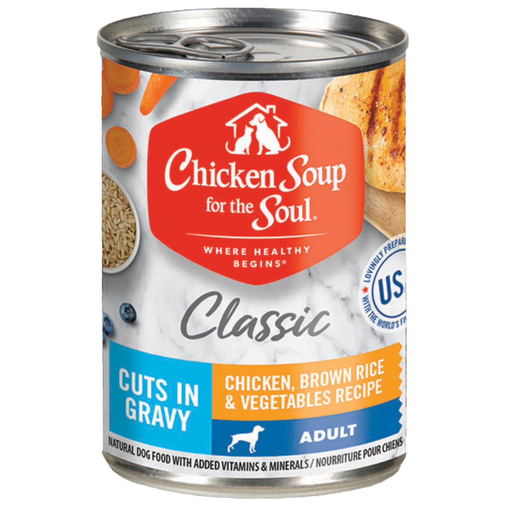 Chicken Soup for The Soul Classic Wet Adult Dog Food - Chicken, Brown Rice & Vegetables in Gravy, 13oz Can (Pack of 12) | Soy, Corn & Wheat Free, Natural Canned Dog Food with Real Ingredients | Perfect for Senior Dogs & Picky Eaters