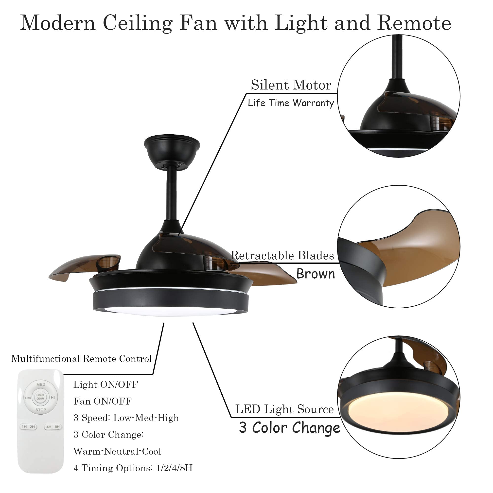 42 Inch Retractable Ceiling Fan with Lights and Remote Control - 3 Adjustable Blades, 3 Color Changing LED Lights, 4 Timer Settings, Ultra Quiet Motor, Modern Black Design for Living Room, Bedroom, and Outdoor Patio