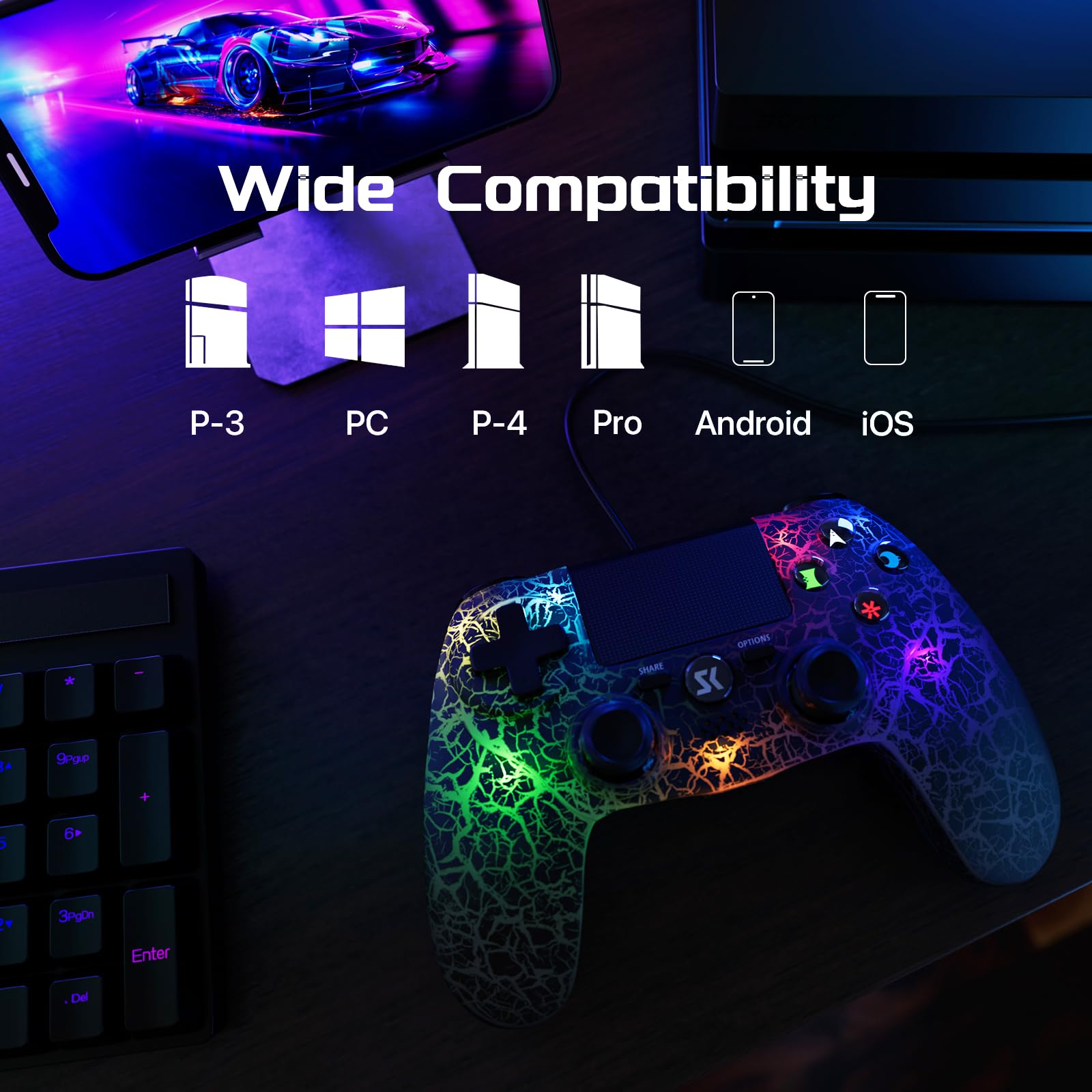 MUZELI 2-Pack Wireless PS4 Controller with RGB LED Backlight, 1000mAh Battery, 6-Axis Motion Sensor - Compatible with Playstation 4/Pro/Slim - Perfect for Gaming, Streaming & Multiplayer Sessions