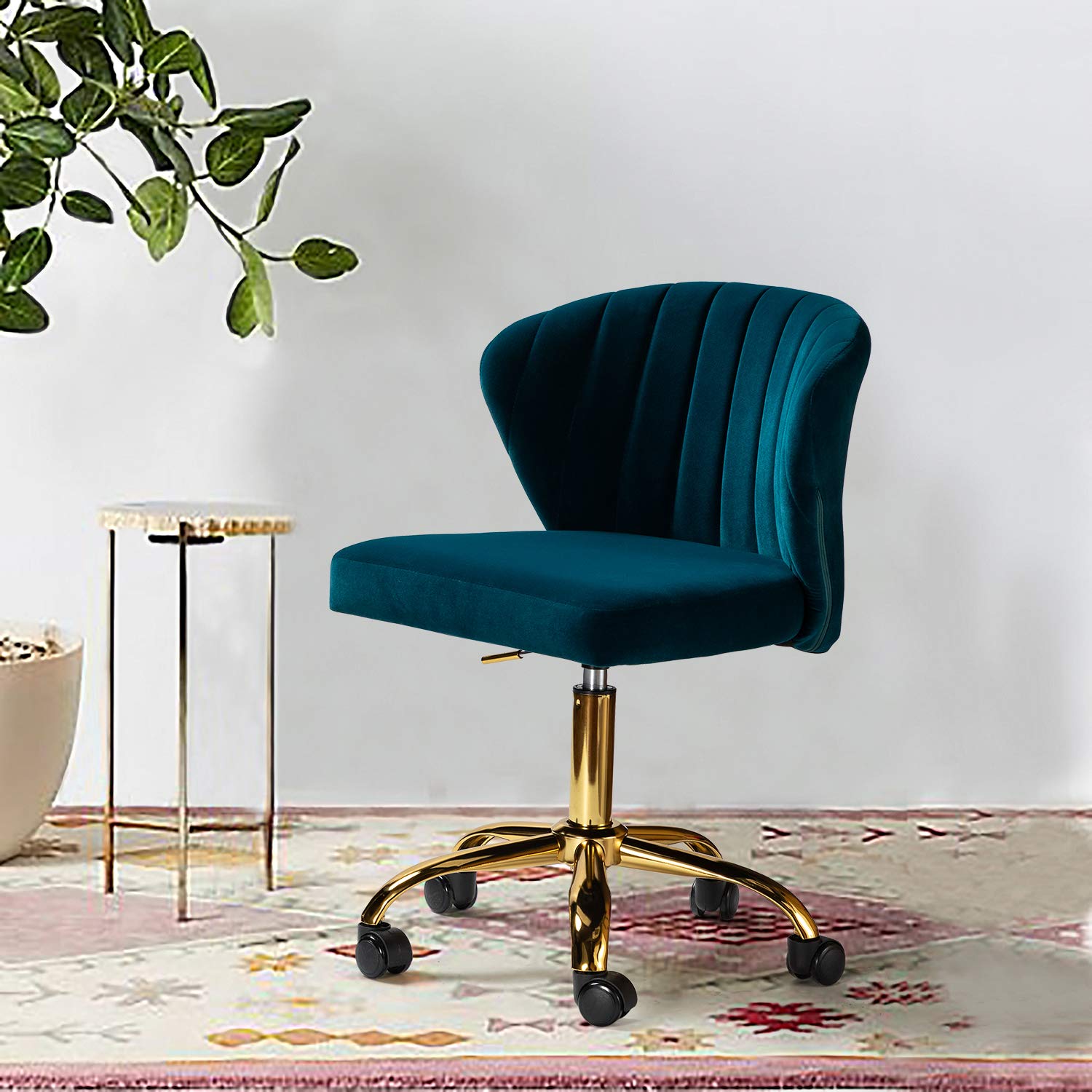 TINA'S HOME Modern Velvet Office Chair with Wheels - Adjustable Low Back Swivel Rolling Task Chair, Gold Base Armless Desk Chair for Home Office, Living Room, Vanity & Study (Teal Blue) | Ergonomic Comfort for Work & Relaxation