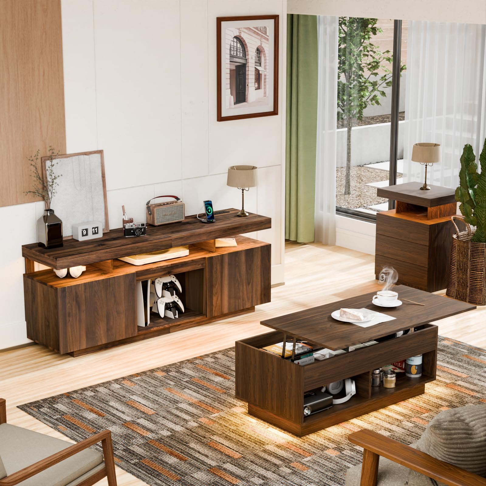 HOMMPA Modern Industrial TV Stand and Coffee Table Set of 2 - LED Entertainment Center for 55/65/70 Inch Gaming TV Console with Lift Top - Walnut Living Room Furniture for Gaming & Movie Nights