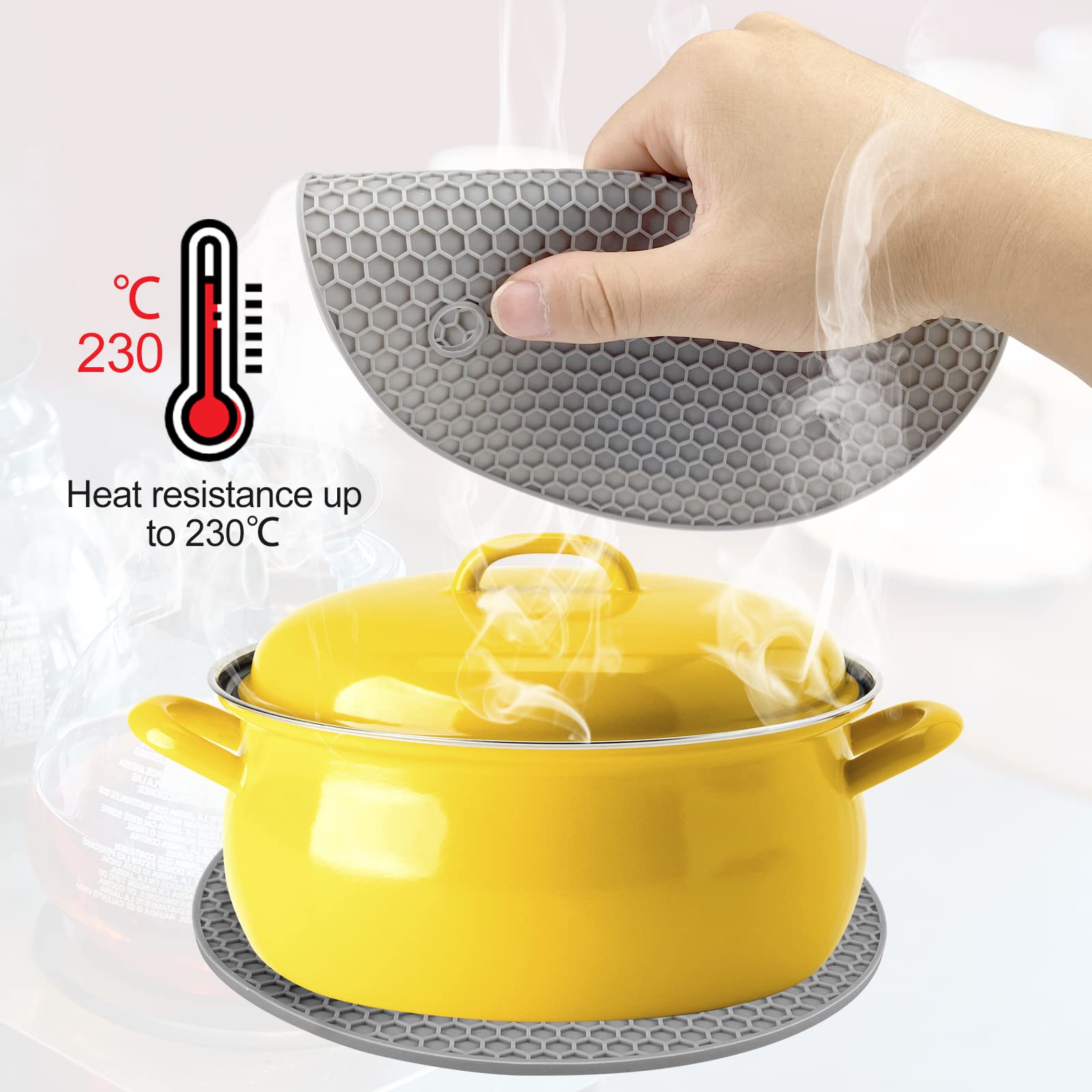 Uootach Set of 4 Round Silicone Pot Holders - Non-Slip, Waterproof, Heat Resistant Silicone Trivets for Pots, Pans, Teapots & Bowls (Gray) - Perfect for Kitchen Countertops, Dining Tables & Outdoor Picnics
