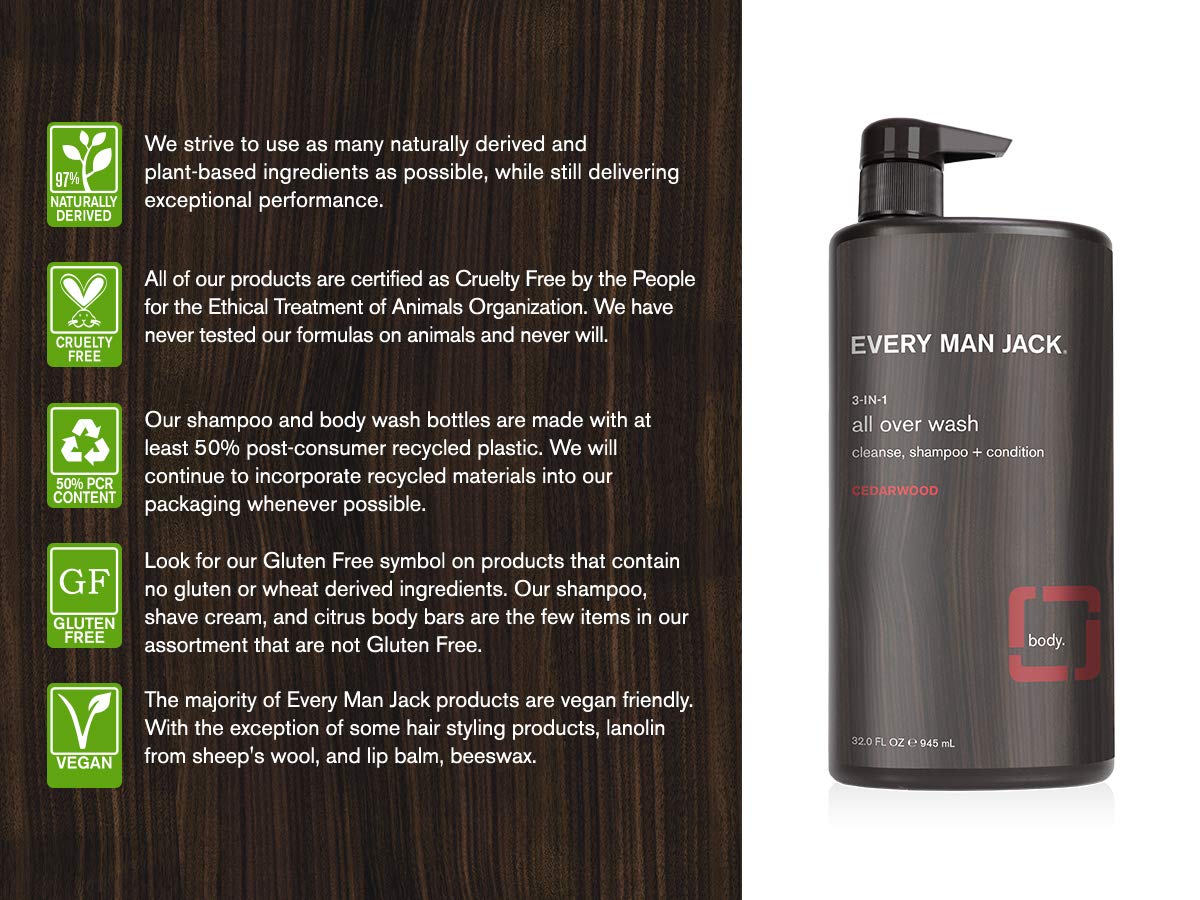 EVERY MAN JACK Cedarwood All Over Body Wash for Men, 32 Fl Oz - Hydrating & Refreshing Shower Gel with Natural Ingredients for Daily Skincare Routine