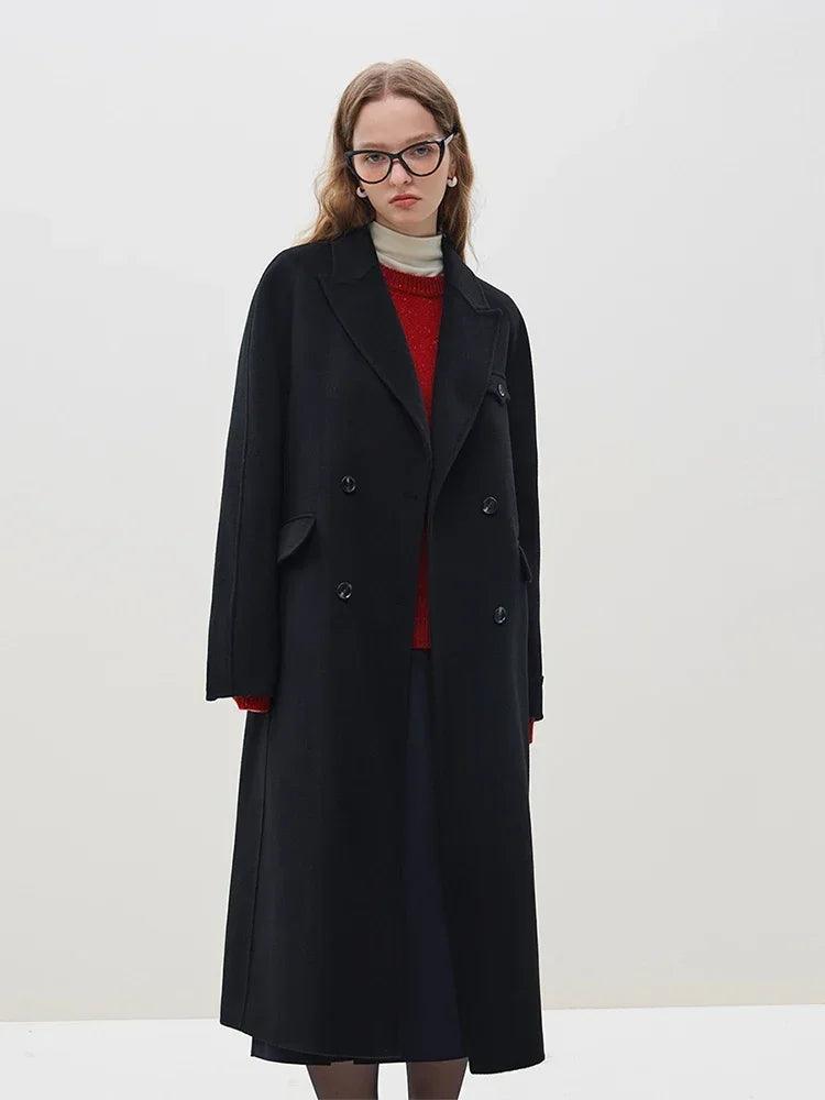 Women's Winter Double Sided 100% Wool Long Coat - Commuter Style Solid Color Warm Trench Coat for Office, Travel & Cold Weather