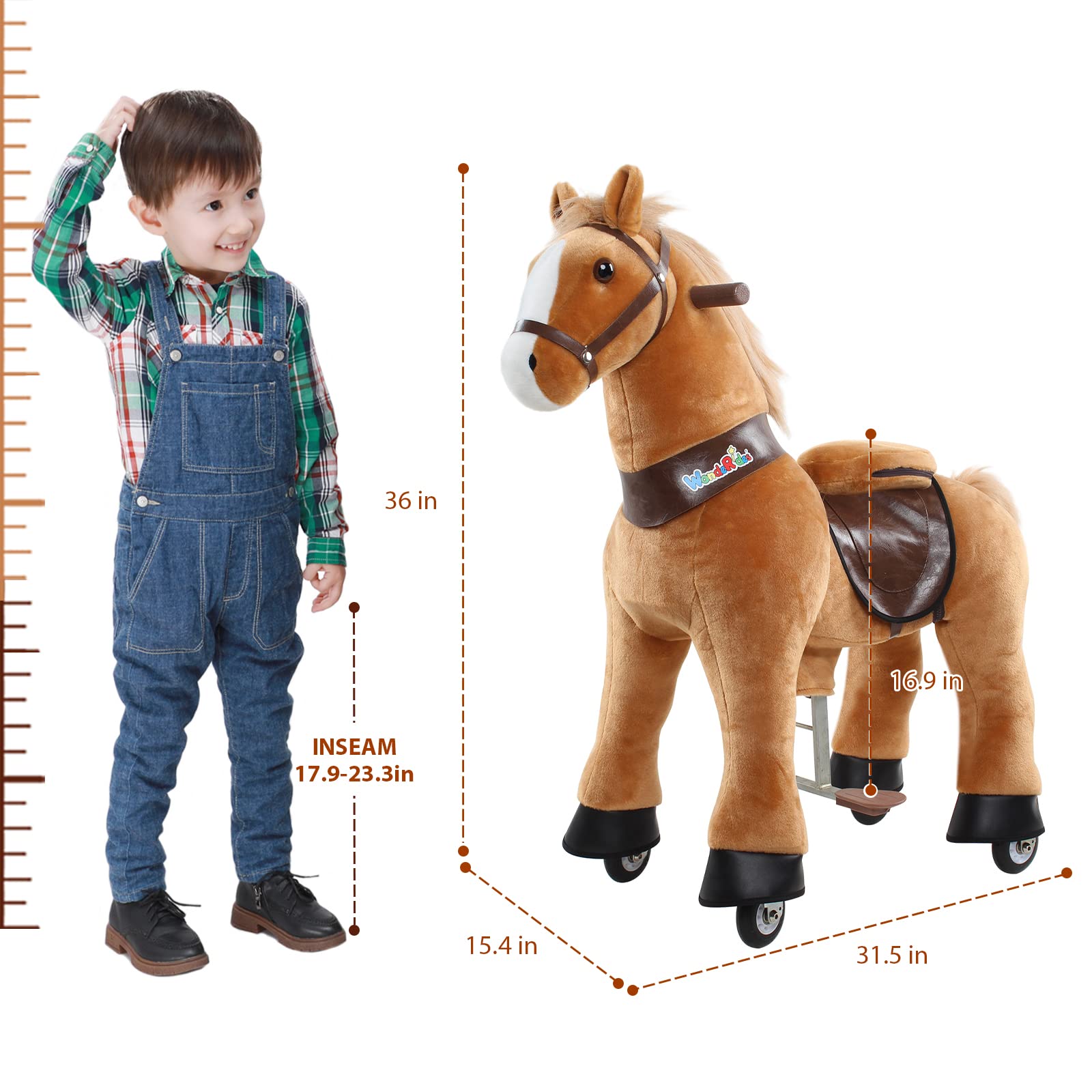 WondeRides Plush Rocking Horse Toy for Kids Ages 4-9 - 36 Inch Mechanical Walking Pony with Wheels | Toddler Ride-On Toy for Indoor & Outdoor Play, Birthday Gifts, and Pretend Play Activities