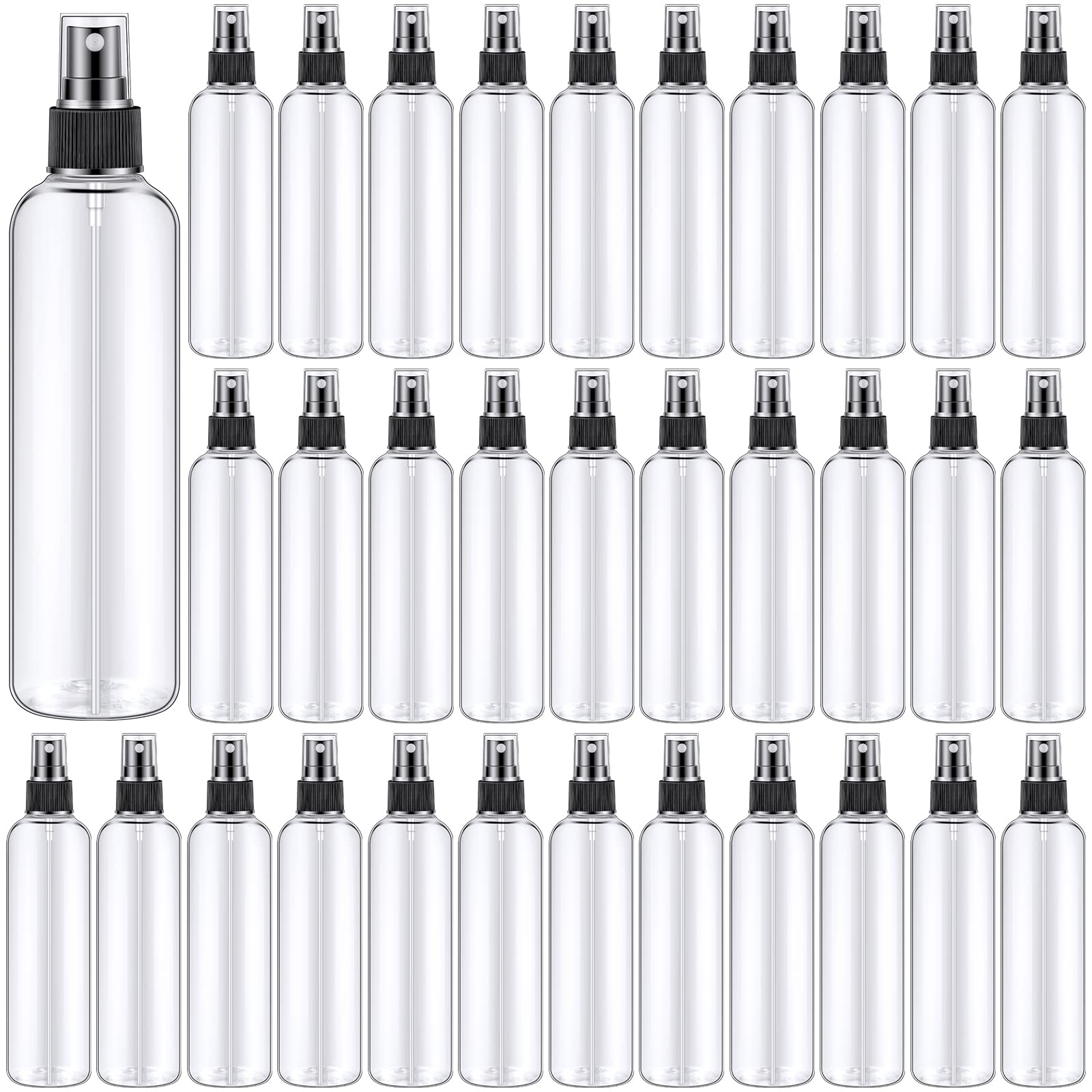 32 Pack 8 oz Fine Mist Spray Bottles - Clear & Black Empty Plastic Refillable Travel Bottles for Perfume, Essential Oils, Hair Care, Skincare | Portable for Home, Gym, Office & Travel Use