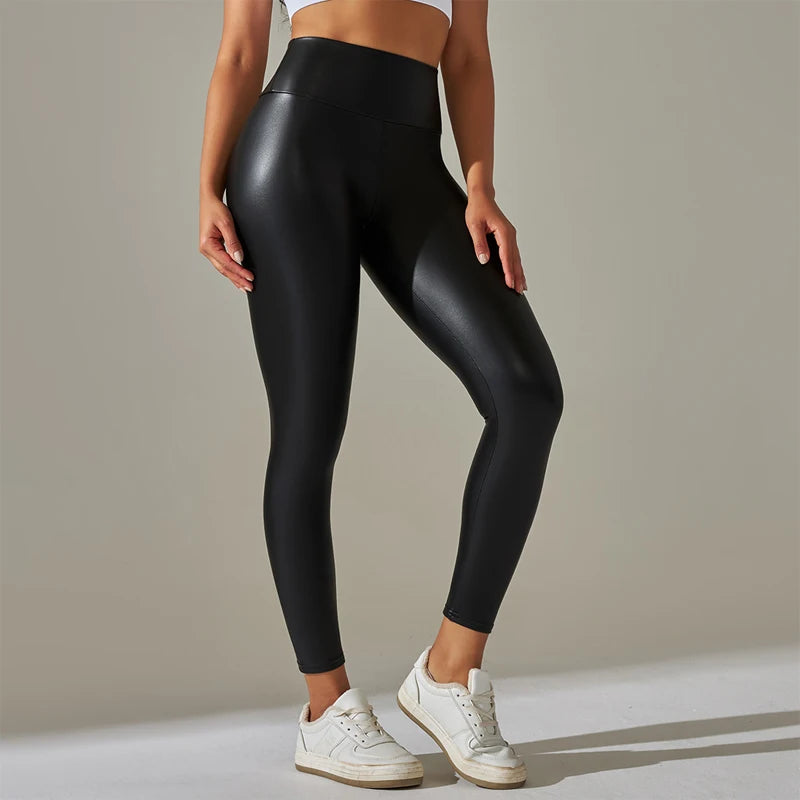 Stylish Oversized Women's Leggings - High Waist PU Leather Yoga Pants for Workout & Fashion | Trendy Tight & Sexy Pants for Gym, Running, Lounge & Night Out