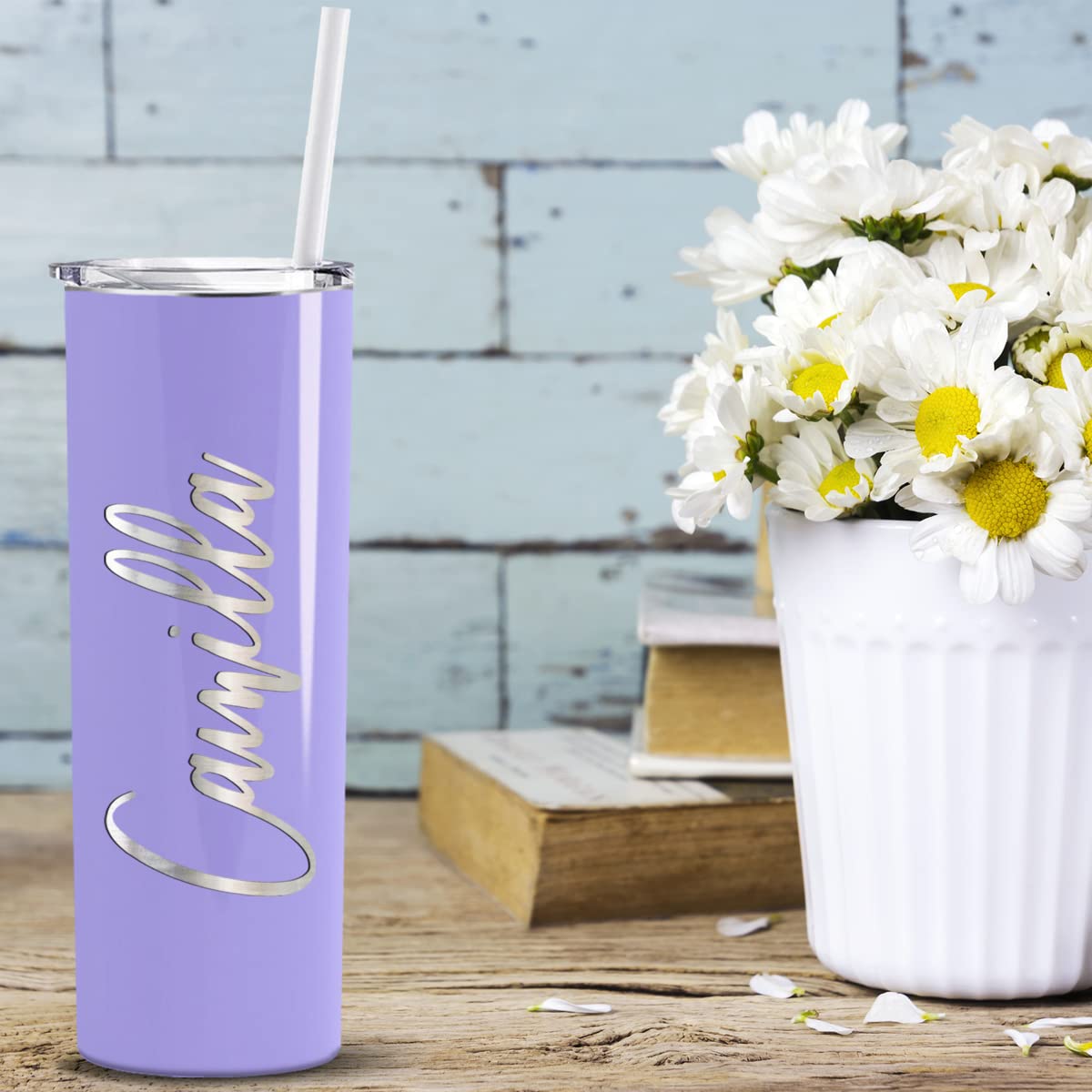 Personalized Skinny 20oz Stainless Steel Vacuum Insulated Tumbler with Lid - Custom Laser Engraved Lavender Gloss Cup - Perfect Gift for Office, Gym & Outdoor Activities
