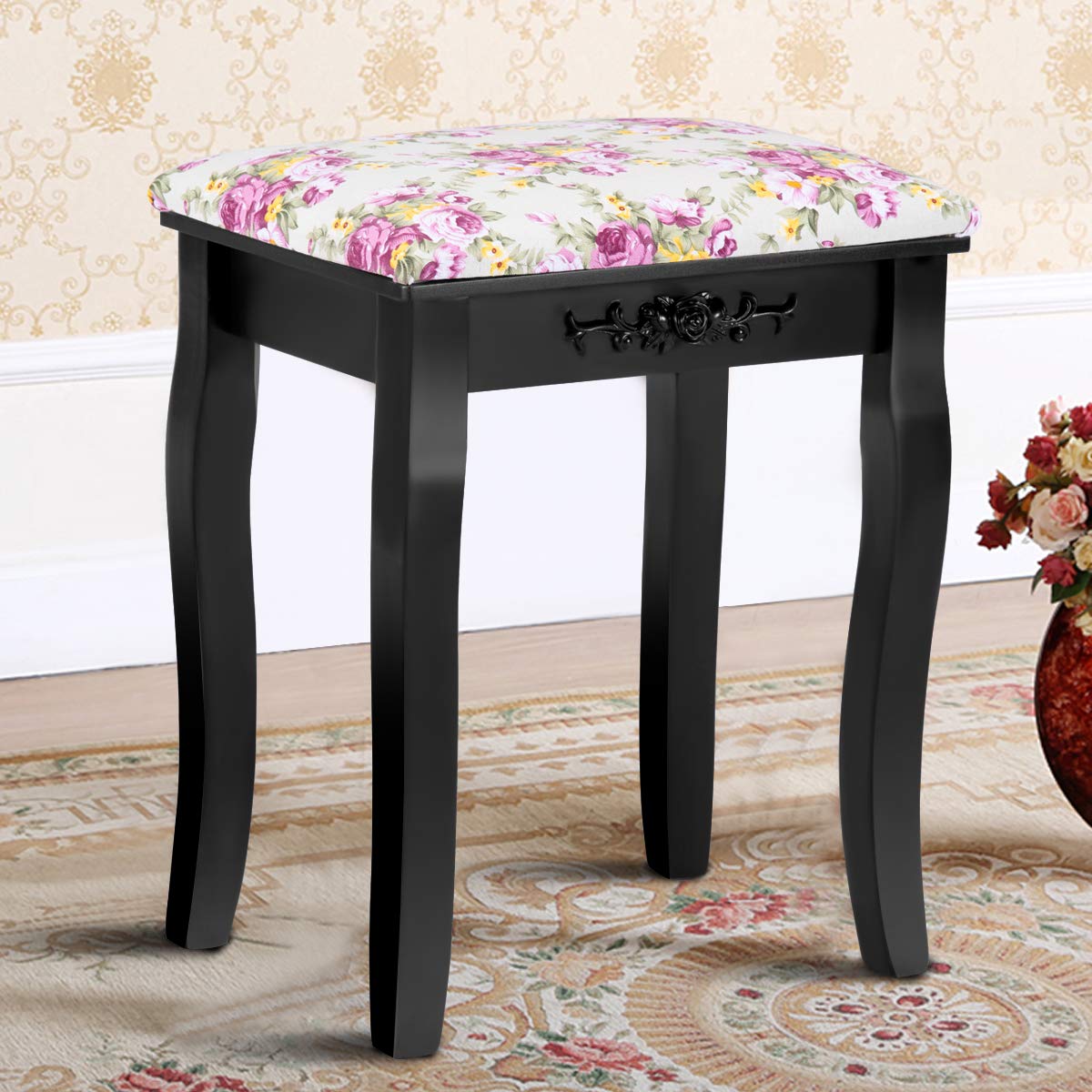 GOFLAME Vanity Stool with Rose Pattern - Solid Wood Legs, Padded Cushioned Makeup Chair - Large Capacity Storage Bench for Bedroom, Dressing Room & Vanity Area - Elegant Black Piano Stool for Women's Beauty Space