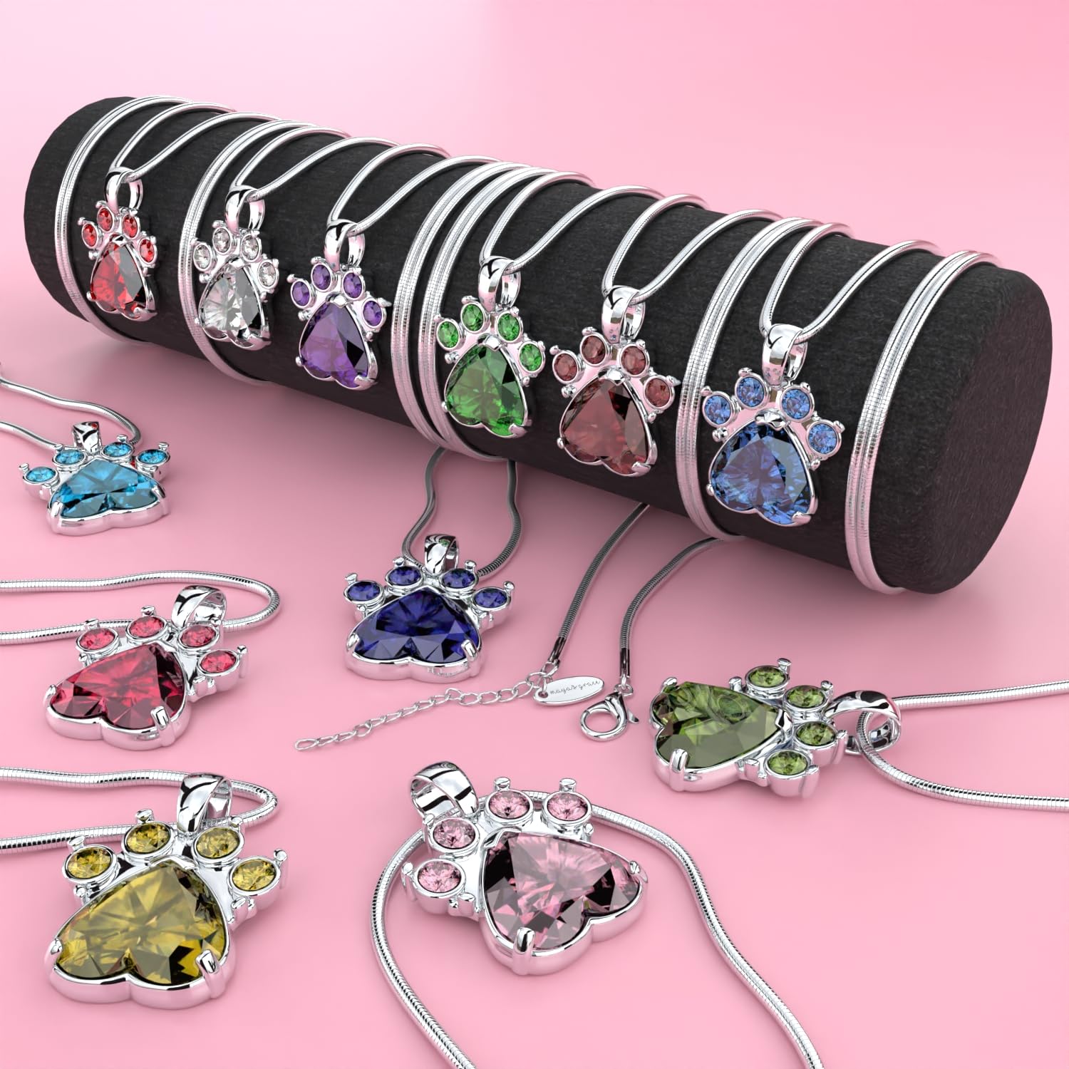 Maya's Grace Birthstone Paw Print Pendant Necklace for Women - Genuine Rhinestone & Gemstone Jewelry - Perfect Gift for Pet Lovers, Mothers Day, Birthday & Anniversary