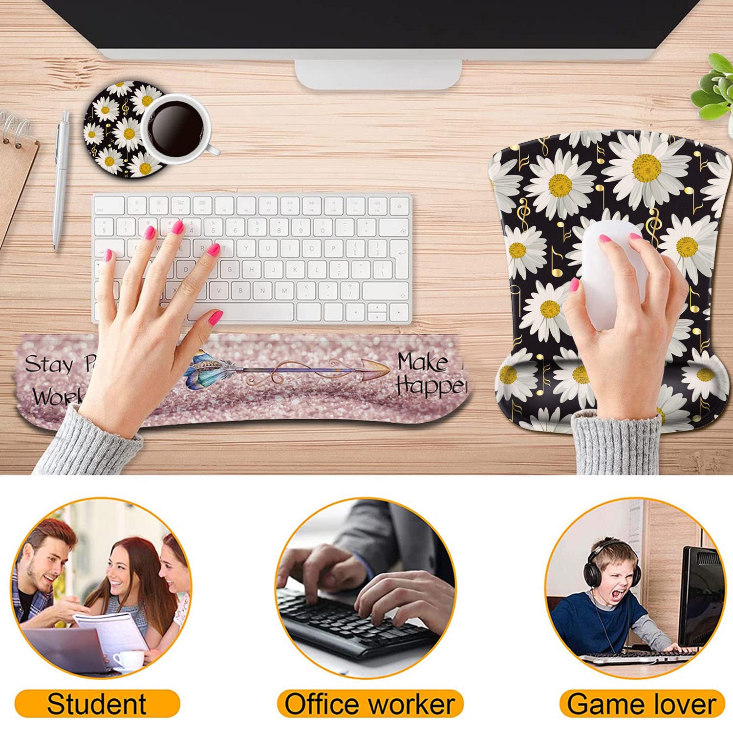 Ergonomic Gel Mouse Pad with Wrist Support - Non-Slip Soft Office & Gaming Mouse Pad for Fatigue Relief - White Daisy Flowers Music Notation Design - Perfect for Typing, Computer Work & Long Gaming Sessions