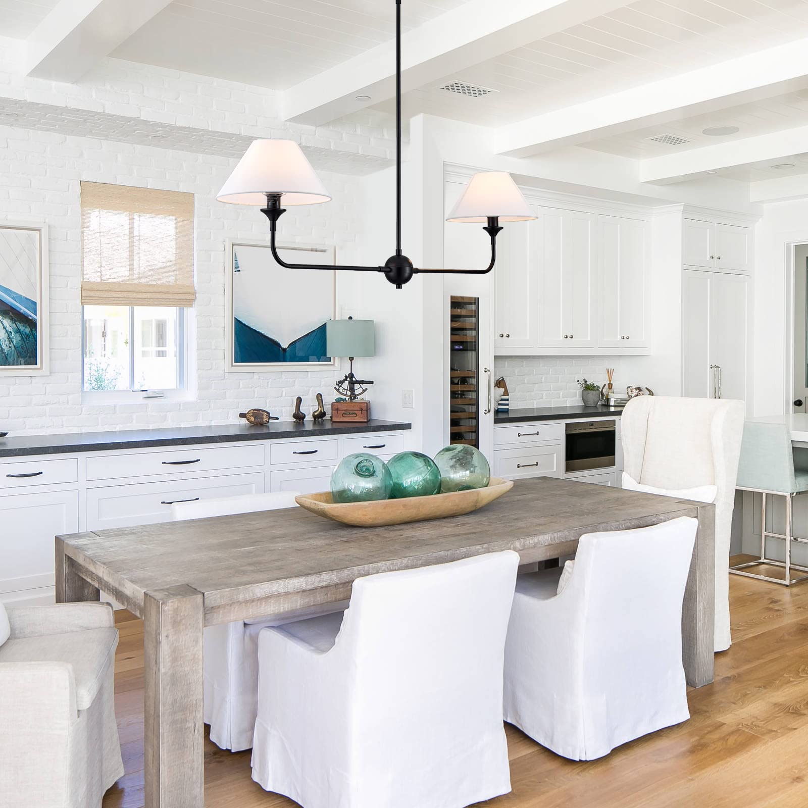 VANZARLA 2-Light Modern Linear Chandelier - Off-White Fabric Shade Kitchen Island Pendant Light for Dining Room, Restaurant, Living Room & Bedroom | Perfect for Contemporary Home Decor and Commercial Spaces
