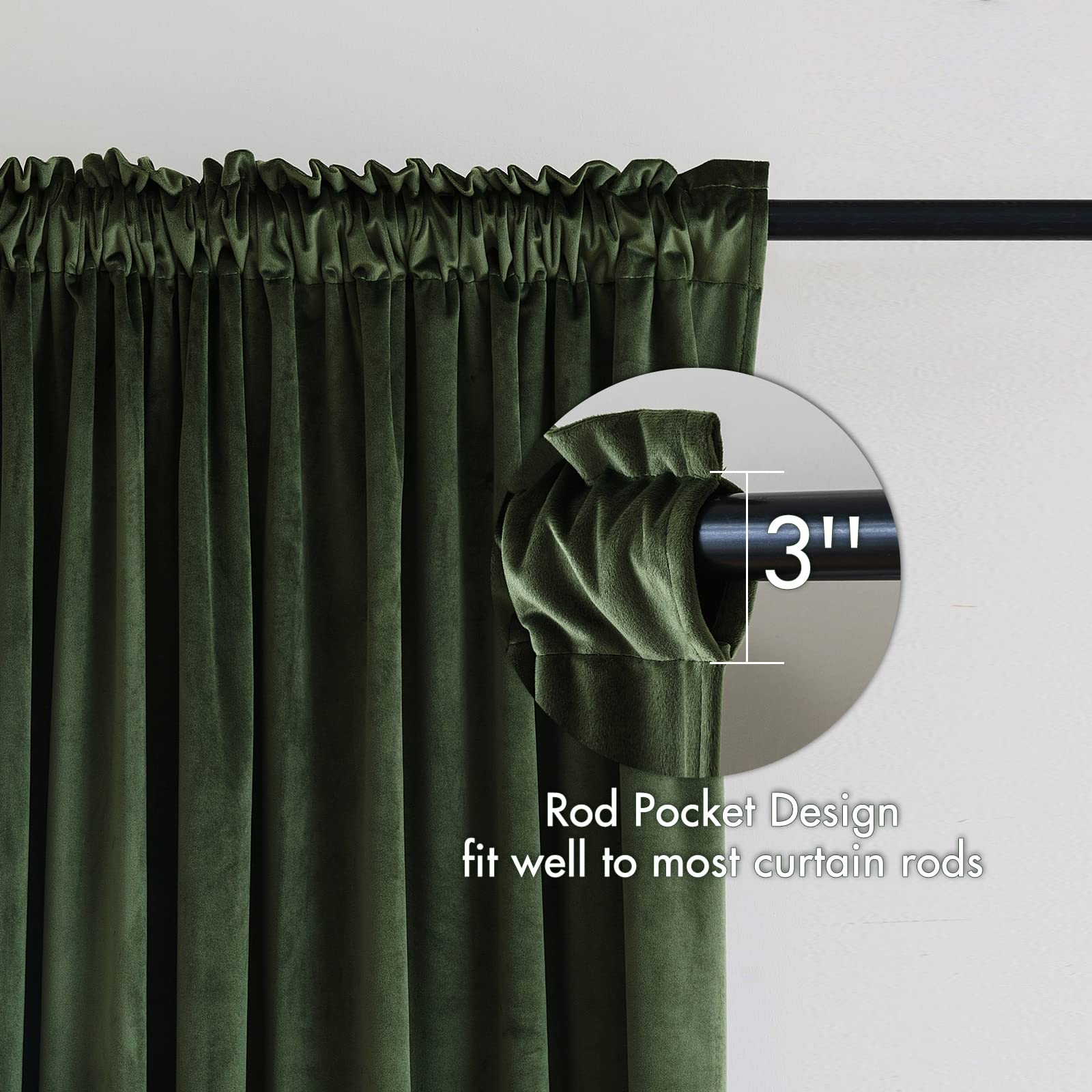 MIULEE Olive Green Velvet Thermal Insulated Blackout Curtains - 108 Inch Long Rod Pocket Drapes for Bedroom & Living Room (Set of 2) - Perfect for Light Blocking, Energy Saving & Home Decor