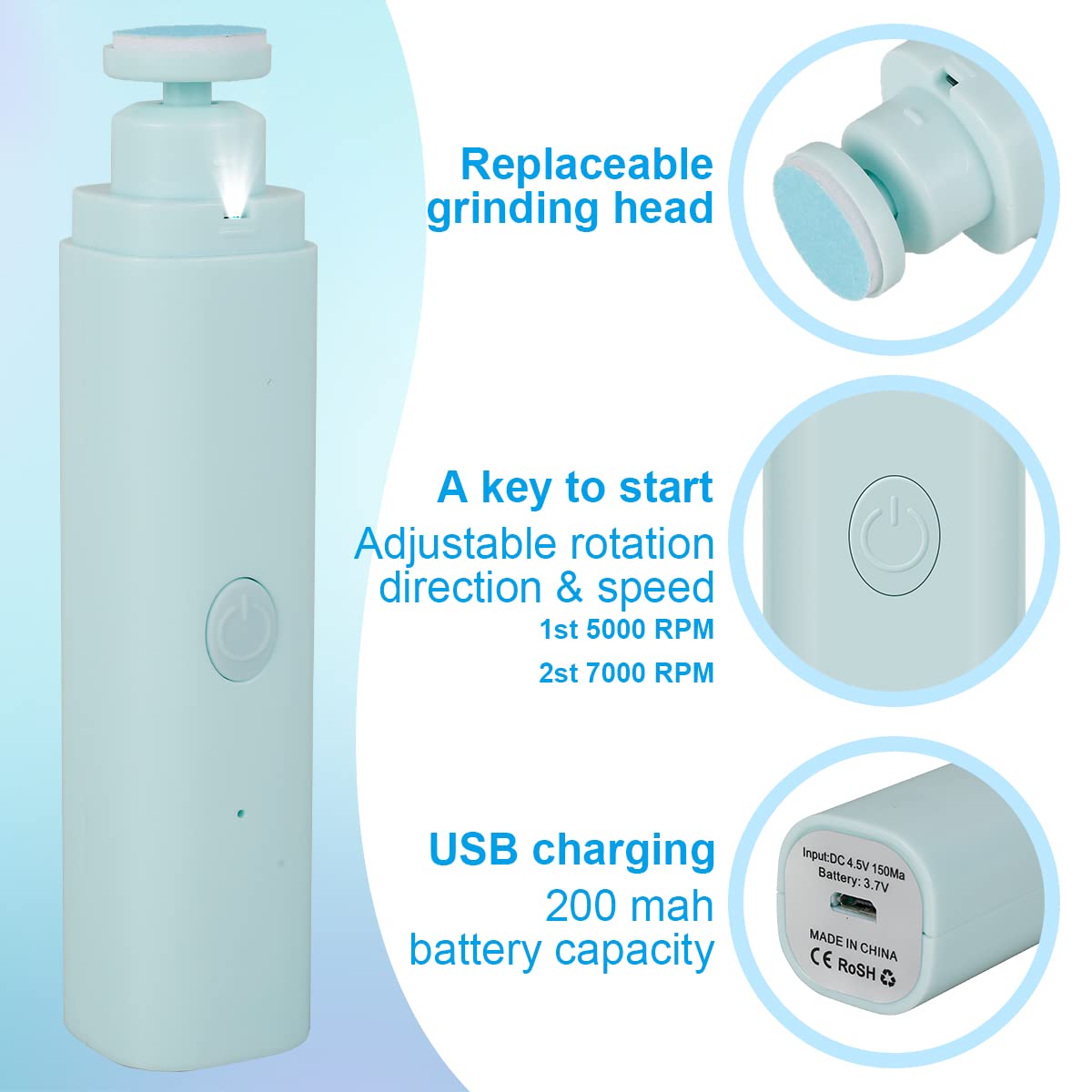 Kuphy Electric Baby Nail Trimmer - Rechargeable LED Nail Clipper with 6 Grinding Heads for Infants & Adults | Safe Portable Nail File for Toenails & Fingernails | Perfect for Newborn Care, Travel & Home Manicure/Pedicure