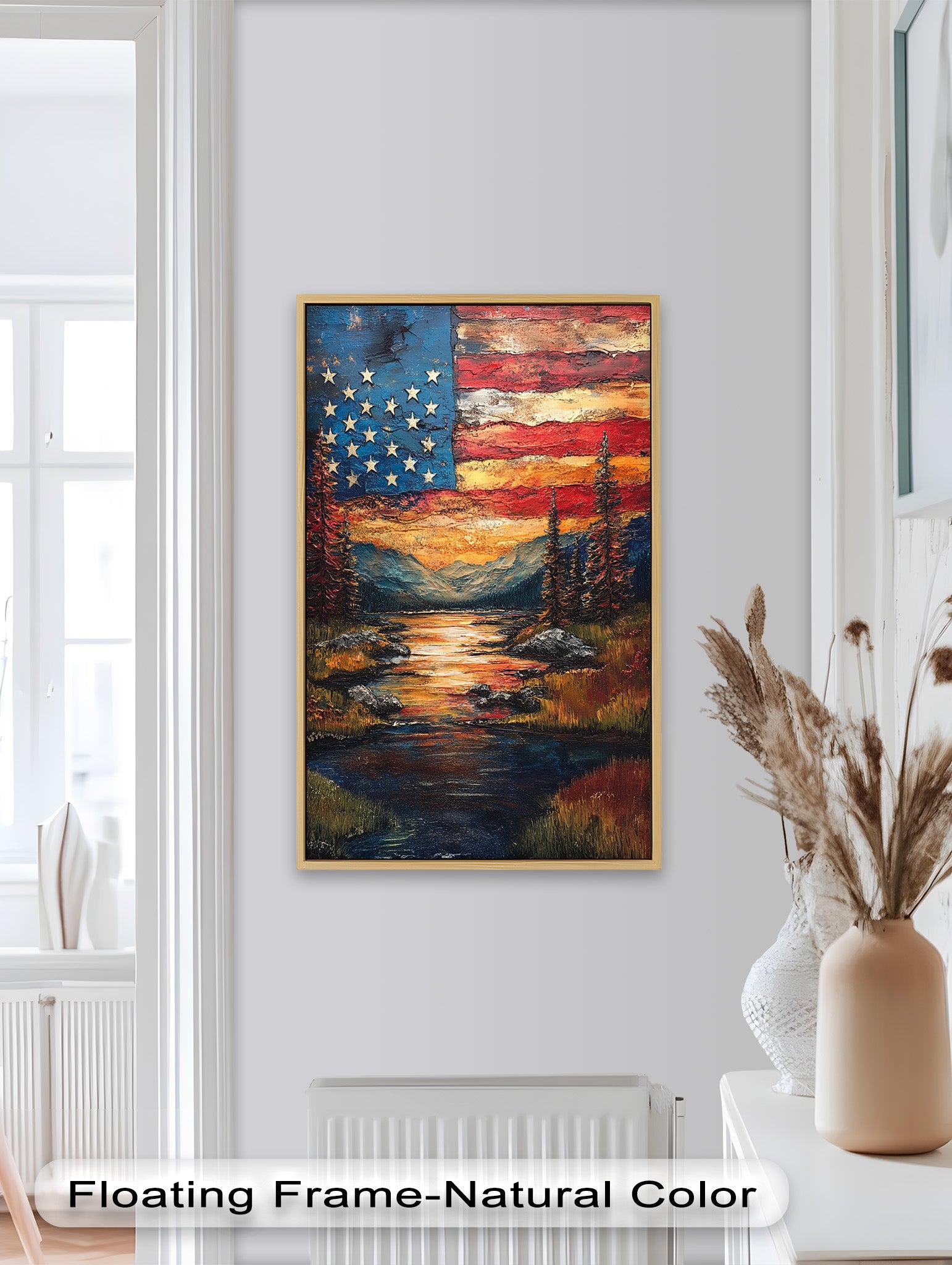 Patriotic American Flag Sunset Landscape Oil Painting - Perfect for Home Decor, Office Wall Art & Gift Ideas