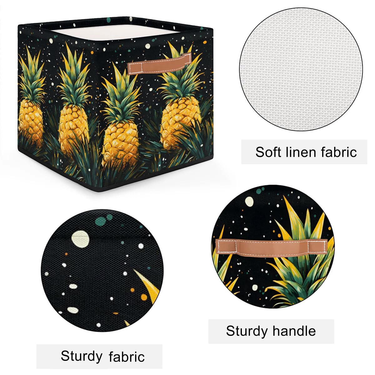 13 Inch Collapsible Black Bottom Yellow Pineapple Storage Basket - Rectangle Shelves Bin Organizer with Leather Handle for Closet, Home Decor & Bedroom Storage | Perfect for Organizing Toys, Blankets & Laundry