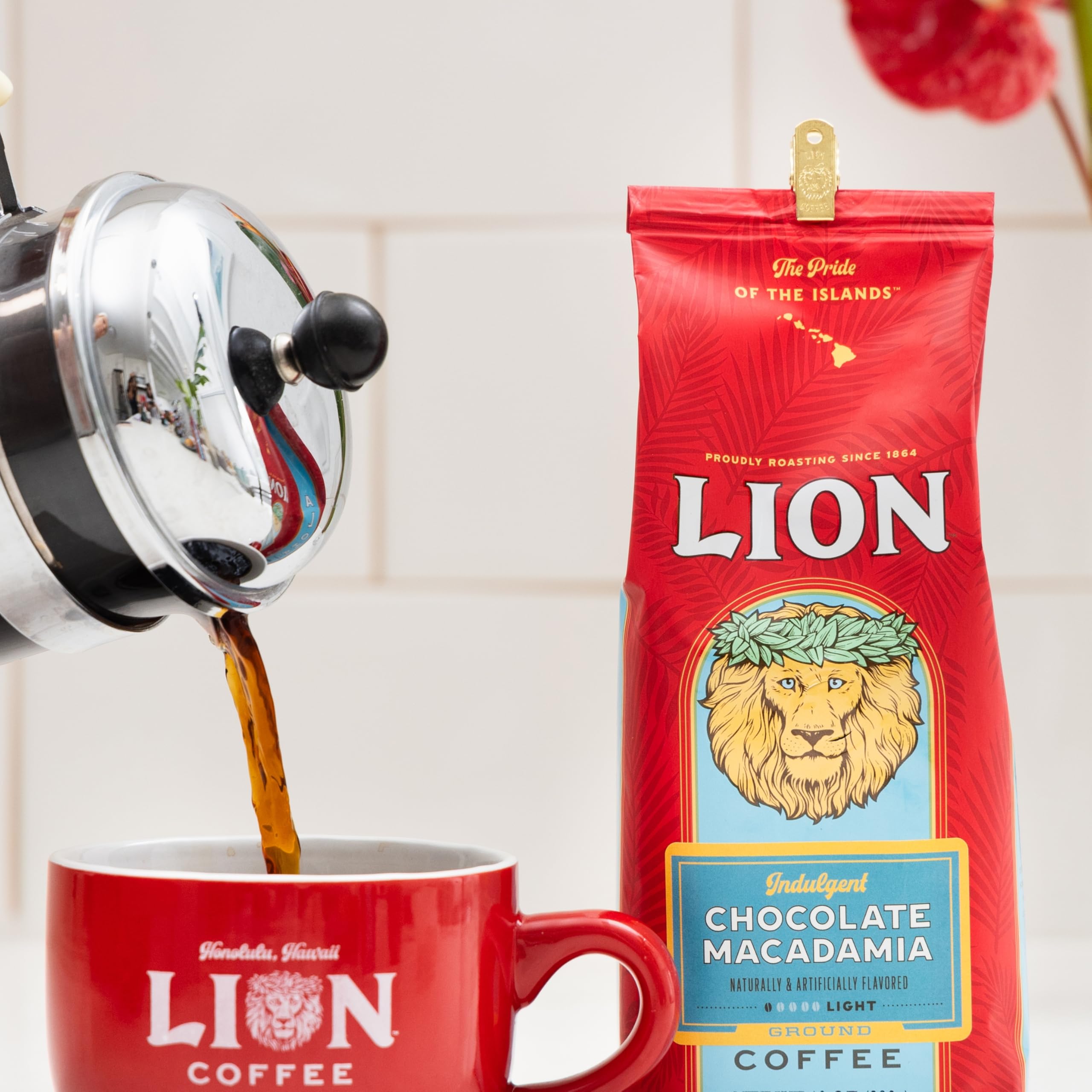 Premium Lion Coffee Chocolate Macadamia Flavored Ground Coffee - Light Roast Hawaiian Blend, 24oz Bag for Rich Aroma & Smooth Taste - Perfect for Morning Brew, Office Break or After-Dinner Dessert Pairing