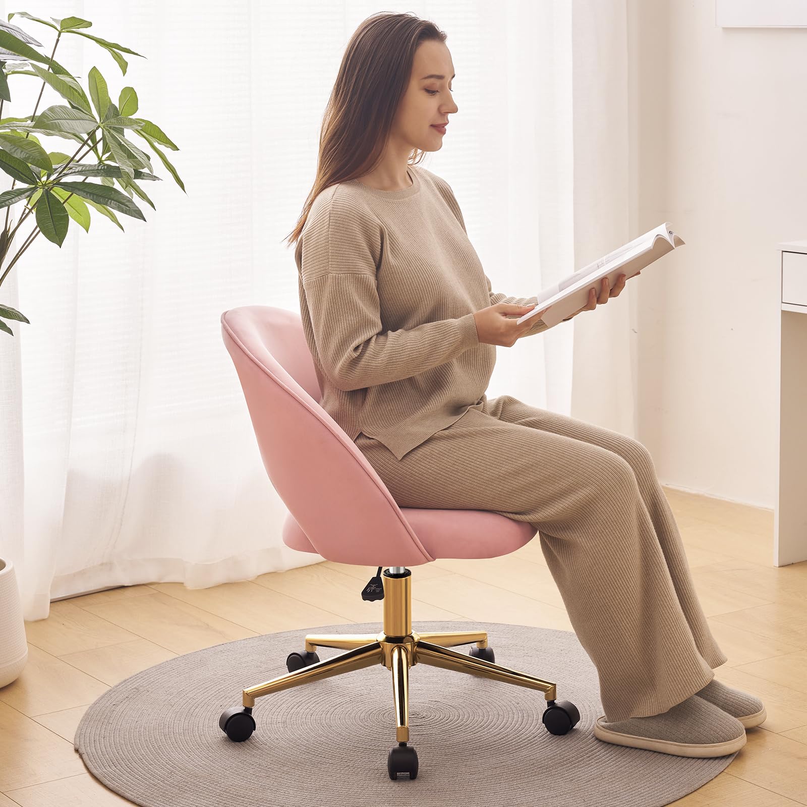 Furniliving Pink Vanity Chair with Back - Cute Rolling Upholstered Accent Chair for Girls, Makeup Room, Bedroom & Living Room - Soft Pink Velvet Office Desk Chair for Women's Dressing Table & Home Decor