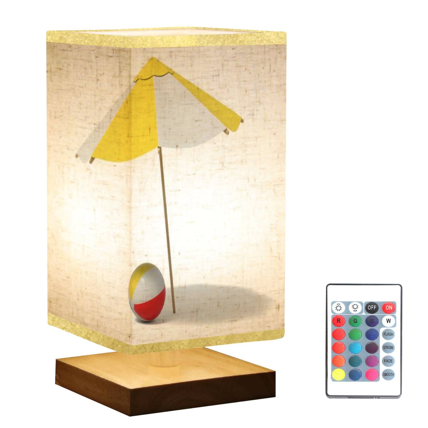 3D Square Bedside Table Lamp with White & Yellow Beach Umbrella Design - Inflatable Beach Ball Accent, Wooden Base & Flaxen Fabric Shade - Dimmable Nightstand Lamp for Bedroom, Living Room | Perfect for Coastal Decor, Summer Vibes & Relaxing Reading Nook