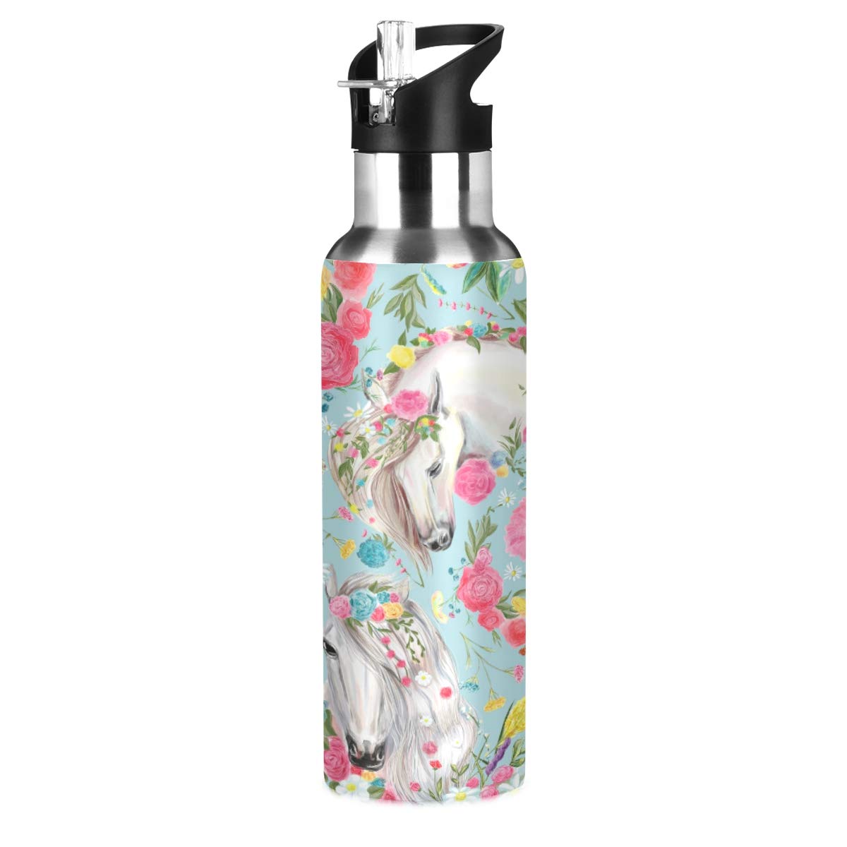 Premium Stainless Steel Vacuum Insulated Water Bottle with Wide Handle - 18oz/500ml Leakproof Standard Mouth Thermos for Hiking, Gym & Office - Flower Horse Design