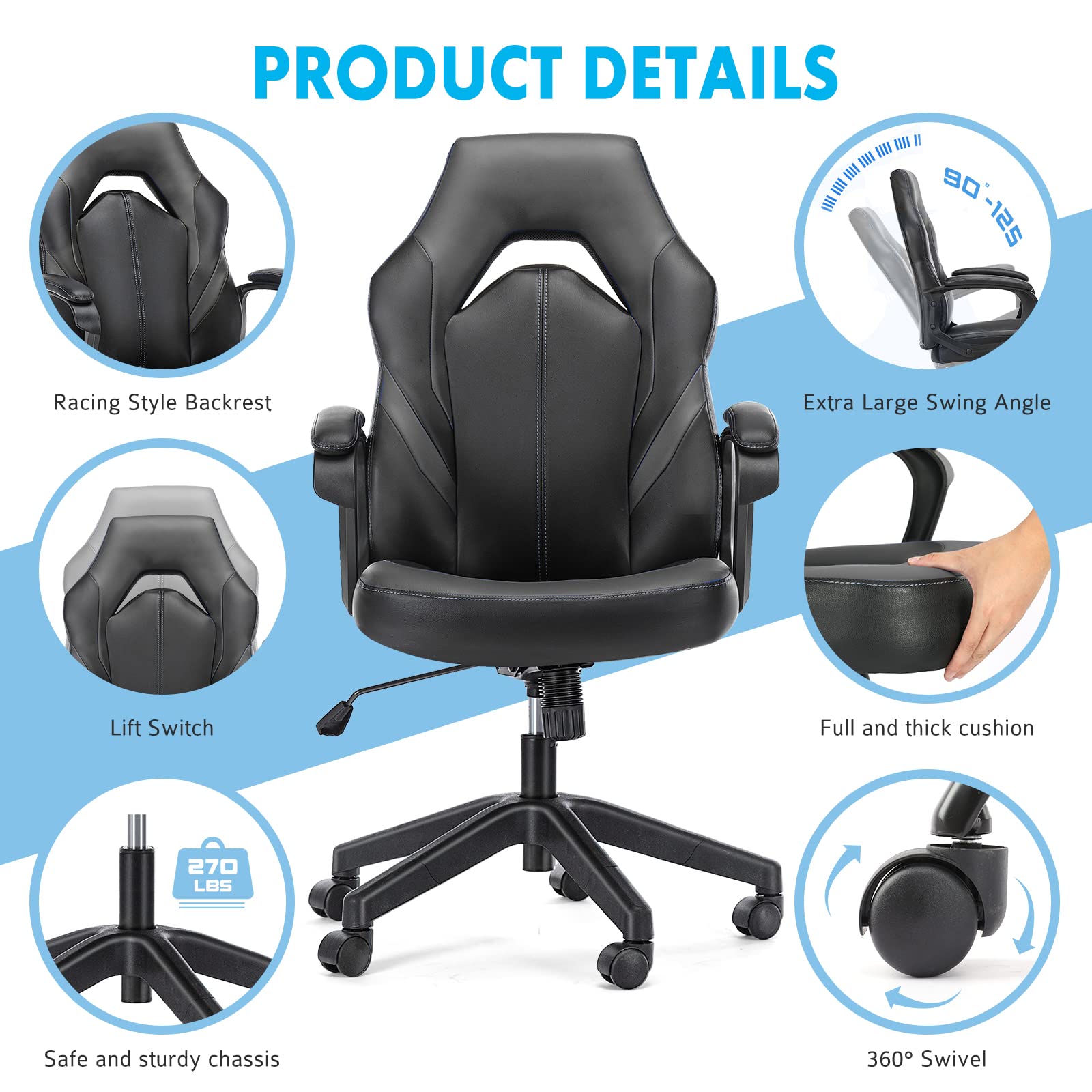 OLIXIS Ergonomic Gaming Chair - PU Leather Office Chair with Lumbar Support & Padded Armrests, Swivel Desk Chair for Adults (Grey) - Perfect for Home Office, Gaming Setup & Workstation Comfort
