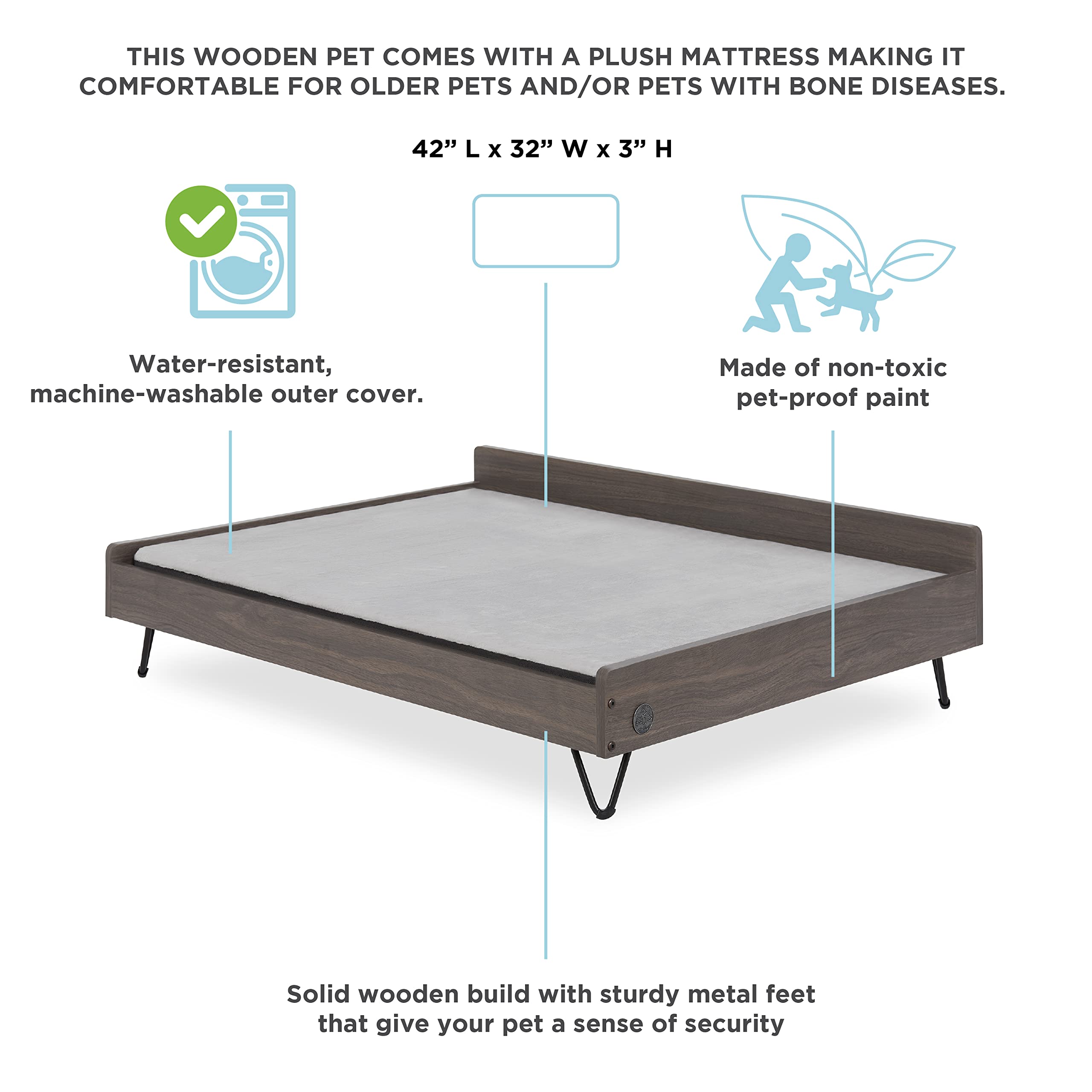 Premium Elevated Wooden Dog Bed & Couch with Water-Resistant Calming Mattress - Large to XL Size, Greenguard Gold Certified Pet Furniture for Indoor/Outdoor Use - Perfect for Living Rooms, Patios & Bedrooms