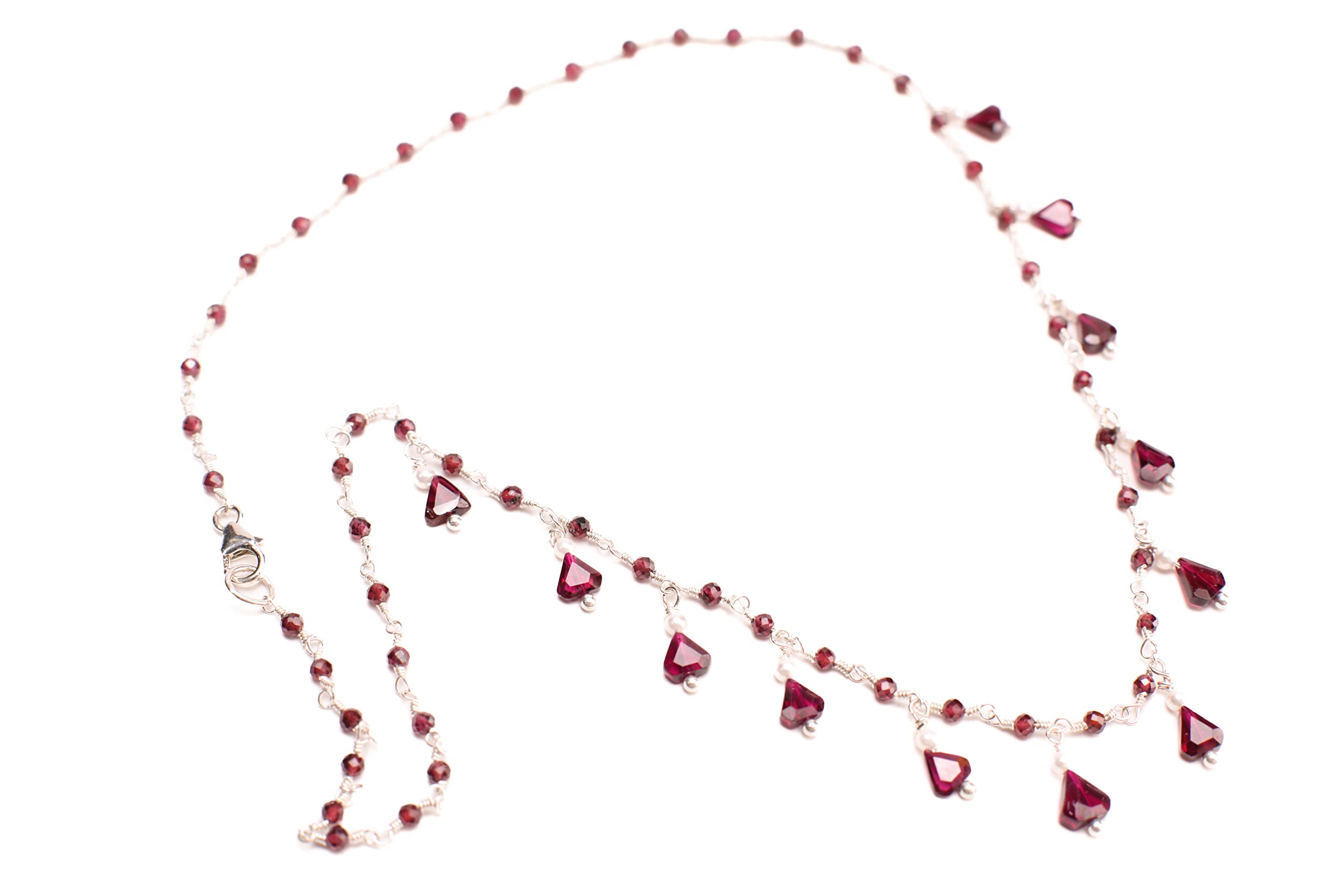 Genuine Merlot Red Faceted Garnet & Freshwater Pearl Necklace - 925 Sterling Silver with Lobster Clasp (16