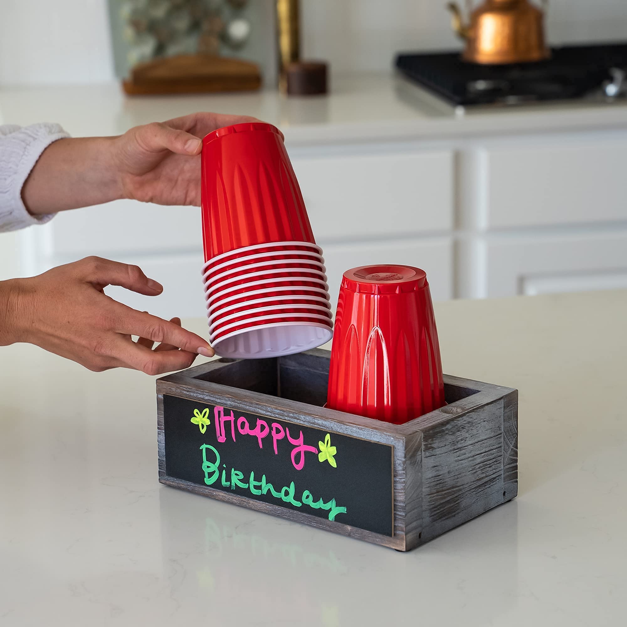 Double Cup Holder with Marker Slot & Chalkboard - Includes 8 Chalk Markers & Drink Labels - Plastic Organizer for Bathroom Cups, Red Party Cups & Disposable Drinkware - Perfect for Home, Office & Party Events