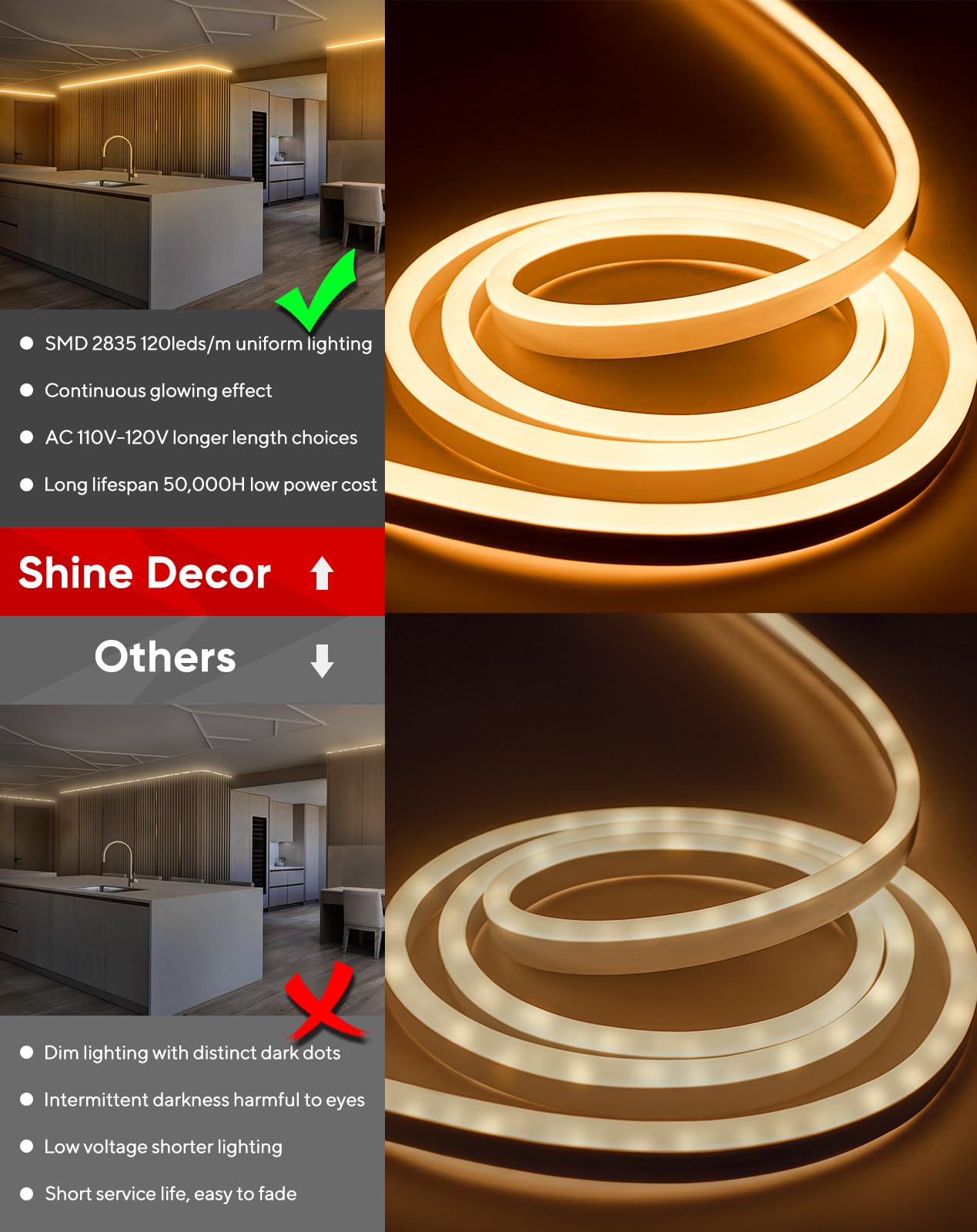 Shine Decor LED Neon Rope Lights 50ft - Expandable & Cuttable 120LEDs/M Bright Strip Lighting - ETL Certified Cold-Resistant & IP65 Waterproof - 2500K Warm White (8x16mm) - Perfect for Indoor & Outdoor Use - Bedroom, Bar, Wedding, Party, Garden Decoration
