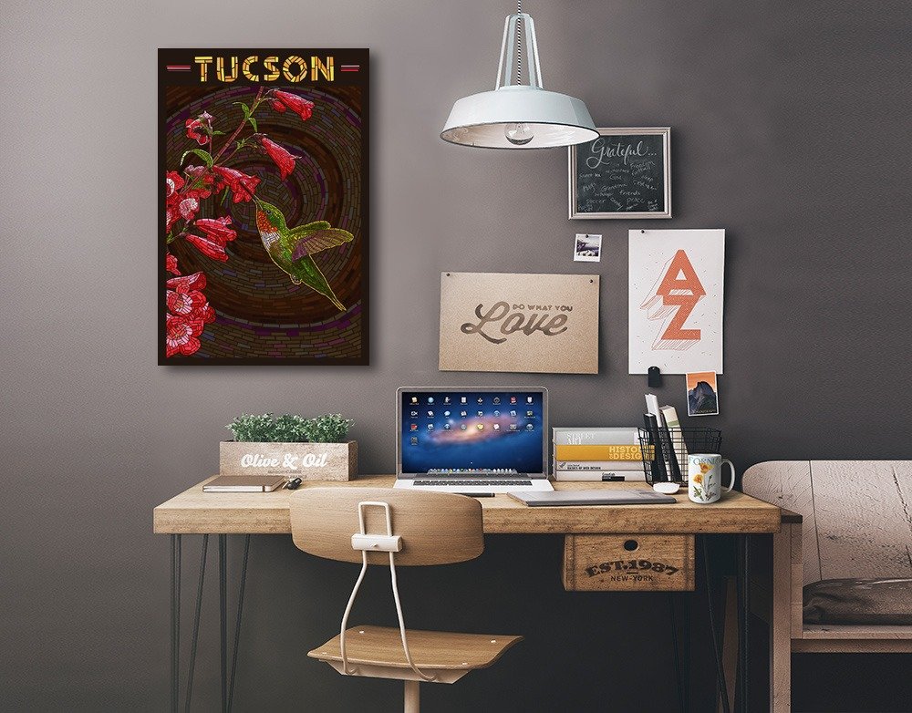 Lantern Press Tucson Arizona Hummingbird Mosaic Wall Art - 16x24 Wrapped Canvas for Living Room, Bedroom & Office Decor