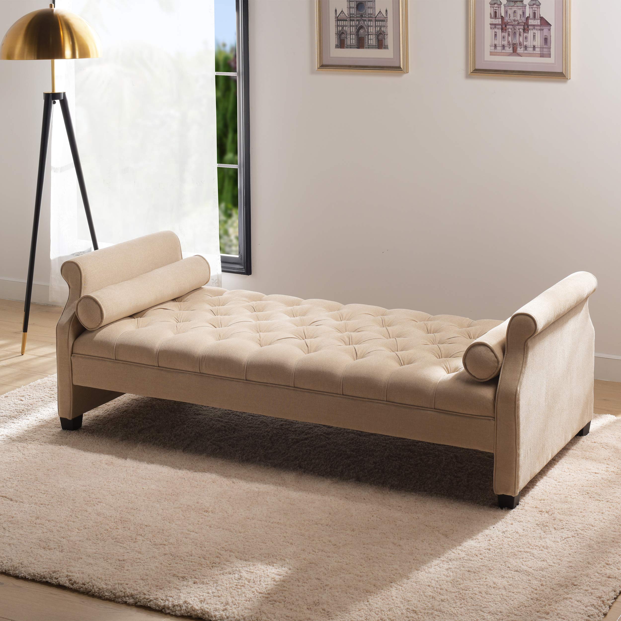 Jennifer Taylor Home Hilary Roll Arm Sofa Bed with Bolster Pillows - Convertible Sleeper Sofa for Small Spaces, Beige Fabric - Perfect for Guest Rooms, Apartments & Cozy Living Rooms