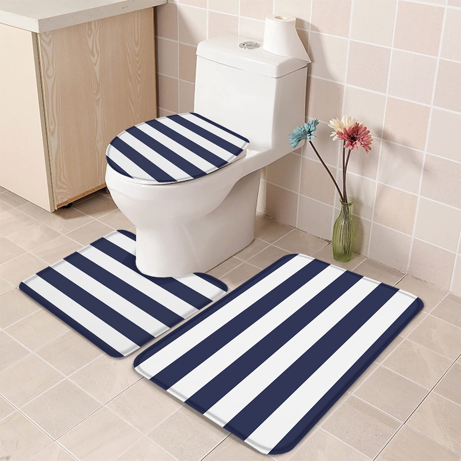 3-Piece Non-Slip Bathroom Rug Set - Navy Blue & White Striped Contour Mat, Toilet Lid Cover & Absorbent Shower Mat - Soft Minimalist Bath Mats for Bathroom Safety and Style - Perfect for Modern Homes, Apartments & Guest Bathrooms