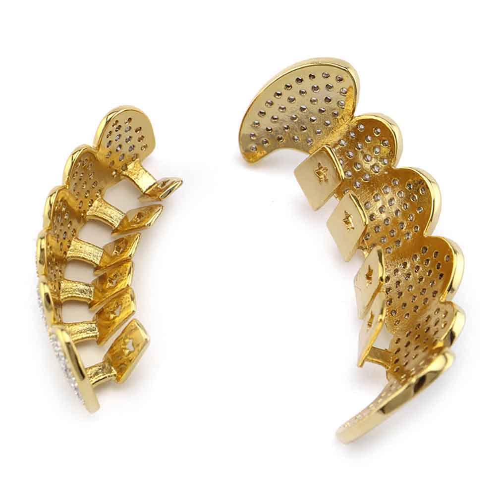 Diamond Vampire Fangs Grillz - 24K Gold Plated Shiny Hip Hop Teeth Jewelry | Iced Out Top & Bottom Grills for Men & Women | Perfect for Halloween, Costume Parties & Rap Performances