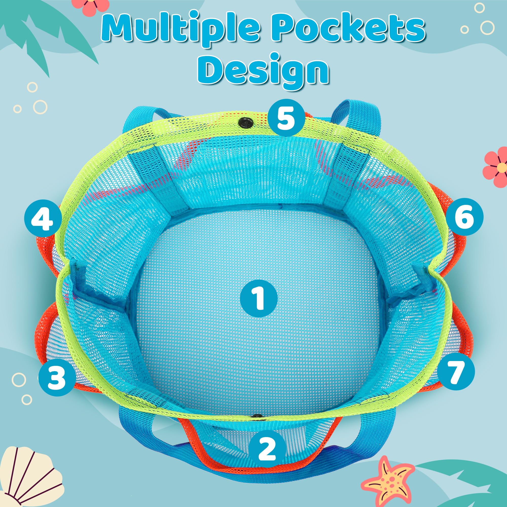 Foldable Waterproof Mesh Beach Bag with 6 Pockets - Sandproof Storage Tote for Swim, Tropical Vacation & Pool Essentials - Perfect for Beach Days, Travel & Outdoor Adventures