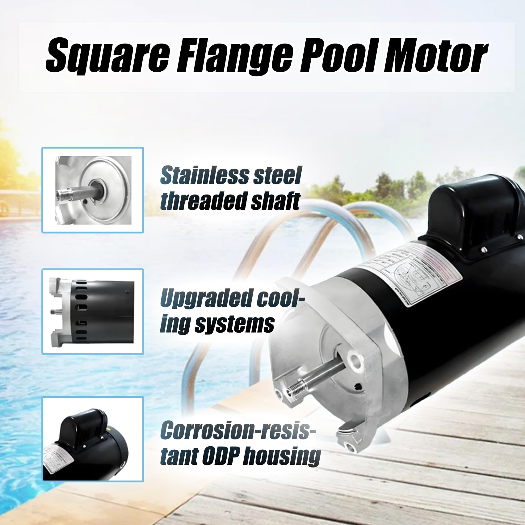 B2854 1.5 HP Pool Pump Motor - Compatible with Century/Smith Pumps | Square Flange, 3450 RPM, 230/115V, 8.0/16.0A, 56Y Frame, PSC, ODP Housing, 1.1 SF | 3-Year Warranty | Ideal for Inground & Above Ground Pool Maintenance