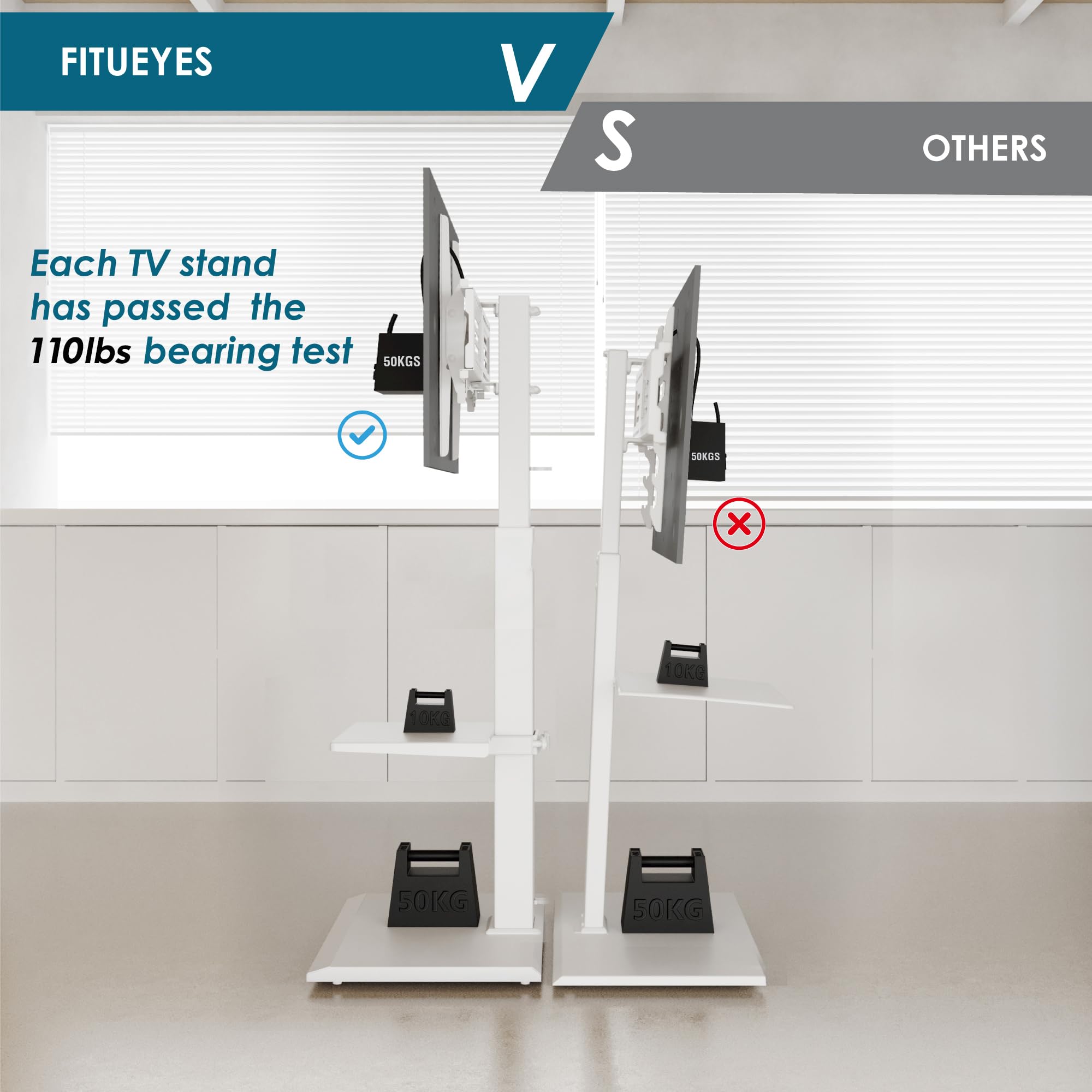 FITUEYES Adjustable Floor TV Stand for 32-65 Inch TVs - Heavy Duty Metal TV Stand with Swivel Base & Storage Shelf (110 lbs Capacity) - Perfect for Living Room, Bedroom, or Home Theater Setup