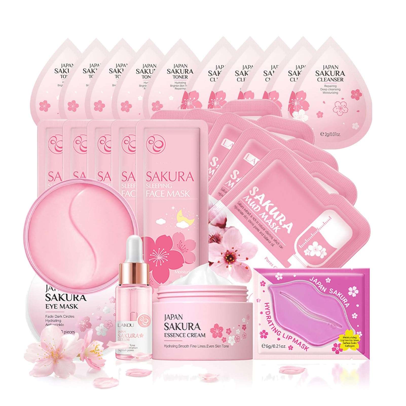 Best Sakura Skin Care Set for Teenage Girls & Women - Includes Cream, Serum, Toner, Cleanser, Eye Mask, Sleep Mask, Mud Mask & Lip Mask - Perfect Gift Set for Daily Skincare Routine & Self-Care Pampering (One Size, Sakura-Skin Care Kits-A)