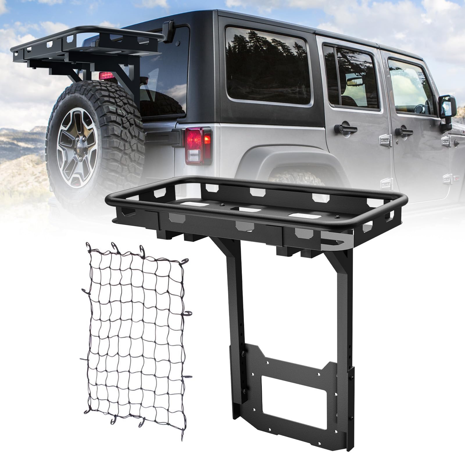 Jeep Wrangler JK Spare Tire Cargo Rack (2007-2018) - Heavy Duty Rear Luggage Basket & Storage Carrier | Compatible with JK & JKU 2/4 Door Models | OE Tailgate Mount | Outdoor Gear Organizer for Camping, Road Trips & Off-Road Adventures