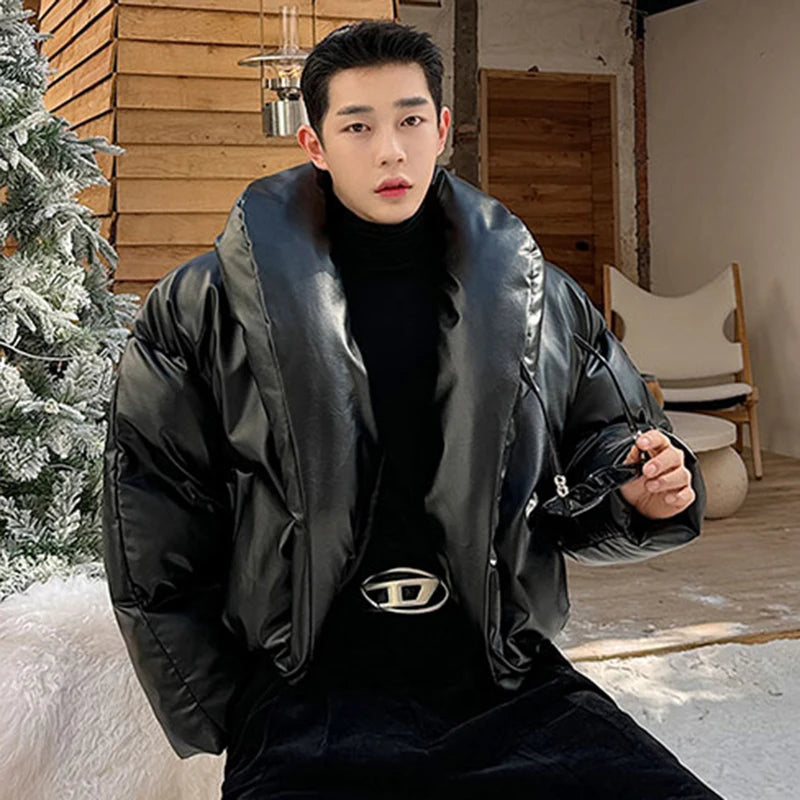 Men's American Style PU Leather Down Jacket - Solid Color Winter Parka Coat with Niche Design | Trendy & Warm for Outdoor Activities, Travel & Daily Wear | 9C4005